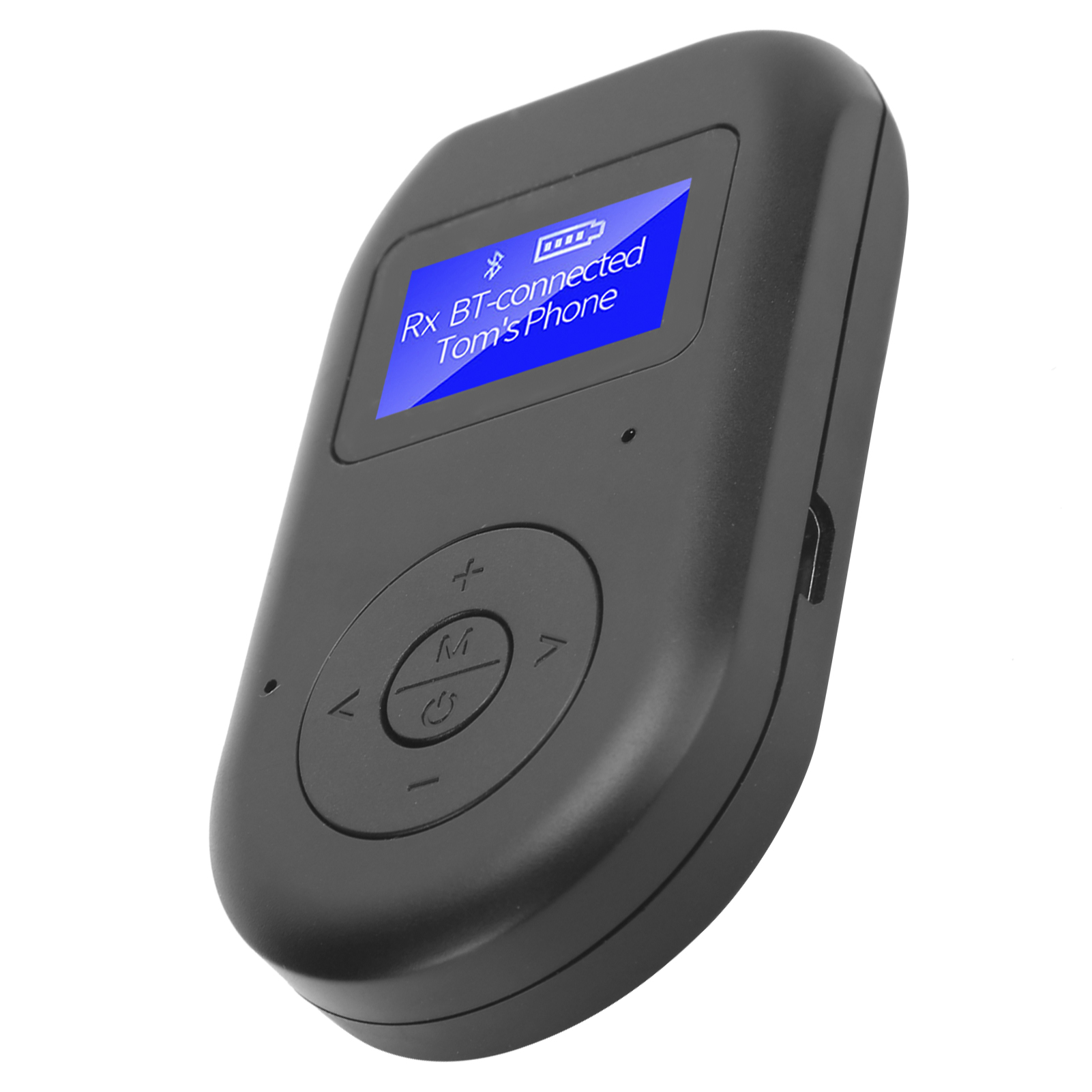 Ein schwarzer, rechteckiger Bluetooth-Empfänger mit Bildschirm, der Text anzeigt. Er hat Knöpfe und einen Ladeanschluss.