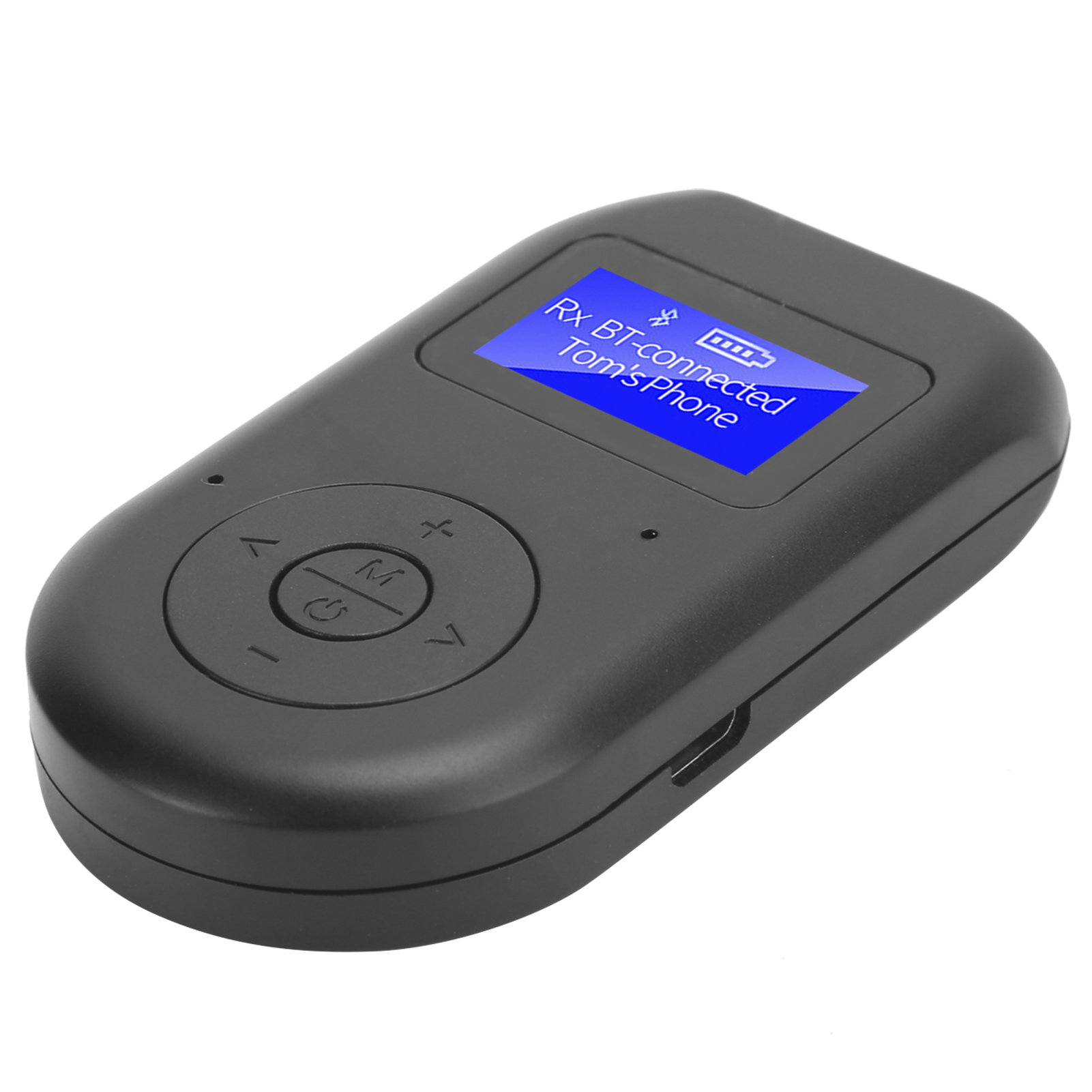 Ein schwarzer, rechteckiger Bluetooth-Empfänger mit Bildschirm, der Text anzeigt. Er hat Knöpfe und einen Ladeanschluss.