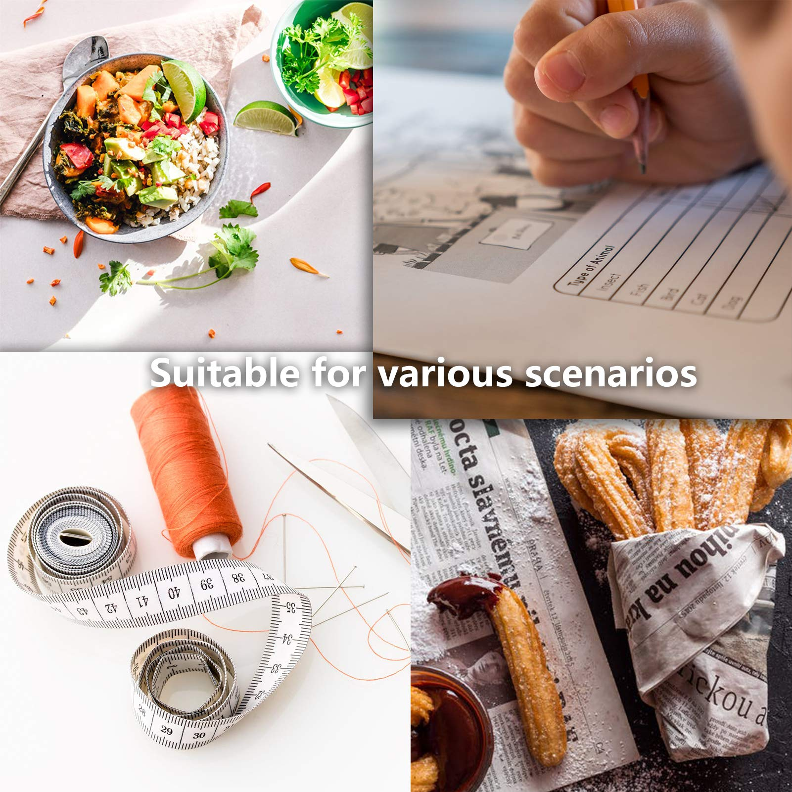 Collage mit verschiedenen Szenen: Essen, Hausaufgaben, Nähen und Churros, was die Vielseitigkeit des Produkts in verschiedenen Szenarien anzeigt.