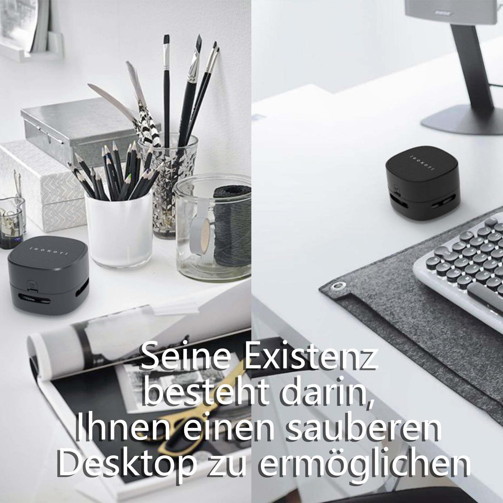 Zwei Desktop-Staubsauger auf einem Schreibtisch mit Büromaterial. Der Text deutet darauf hin, dass es hilft, den Schreibtisch sauber zu halten.