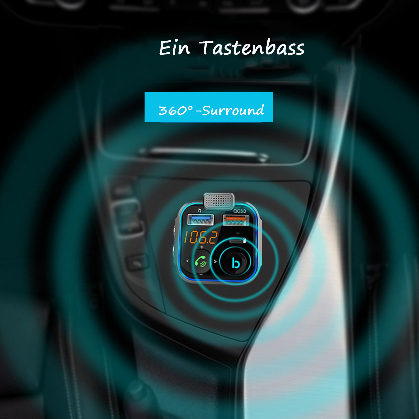Ein Autoladegerät mit Digitalanzeige und Tasten, das im Auto blaues Licht aussendet.