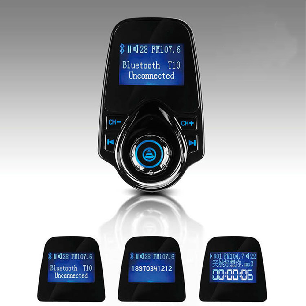 Schwarzes Gerät mit Bildschirm, Knöpfen und drei kleineren Bildschirmen mit Informationen. Unverbunden, Bluetooth T10.