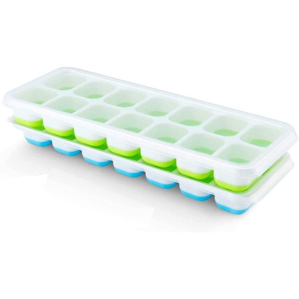 Weiß-grüne Eiswürfelschale. Die Schale hat mehrere quadratische Eiswürfelformen.