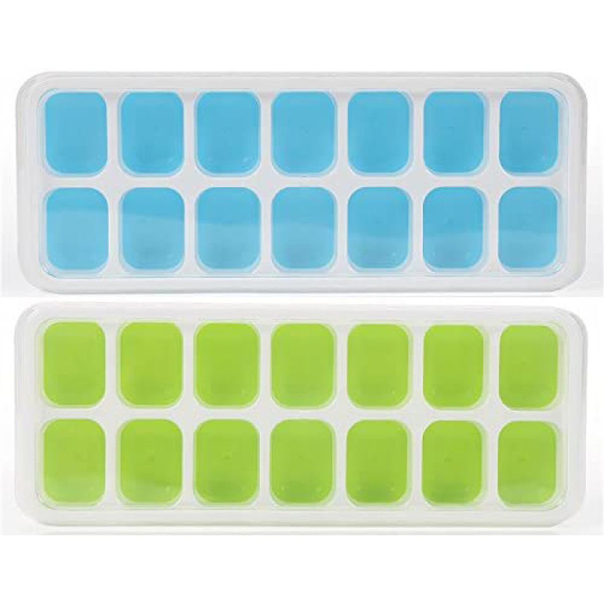 Zwei Eiswürfelschalen, eine mit blauen Würfeln, die andere mit grünen. Beide sind rechteckig.