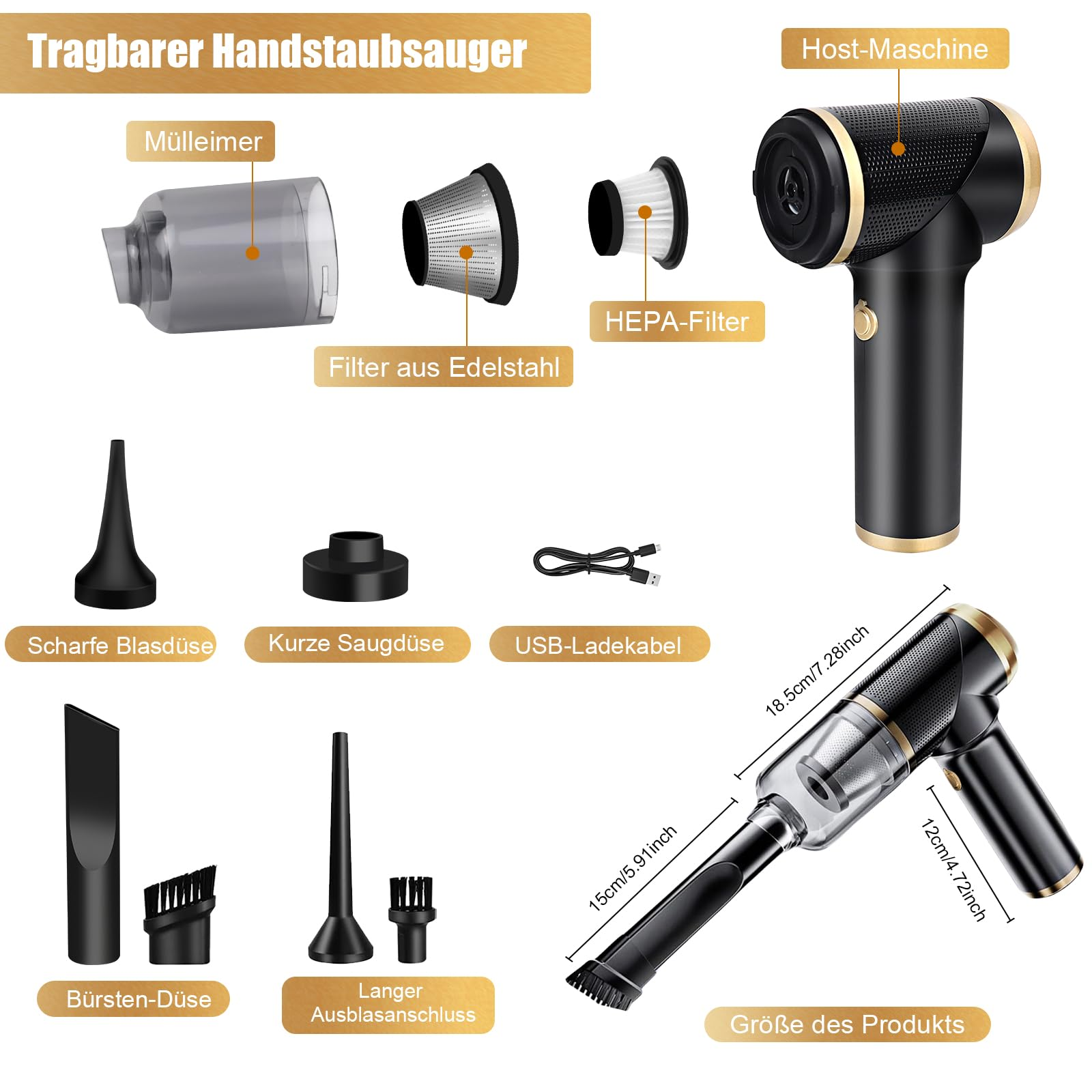 Tragbarer Handstaubsauger zerlegt. Zeigt Komponenten wie Filter, Düsen und Abmessungen.