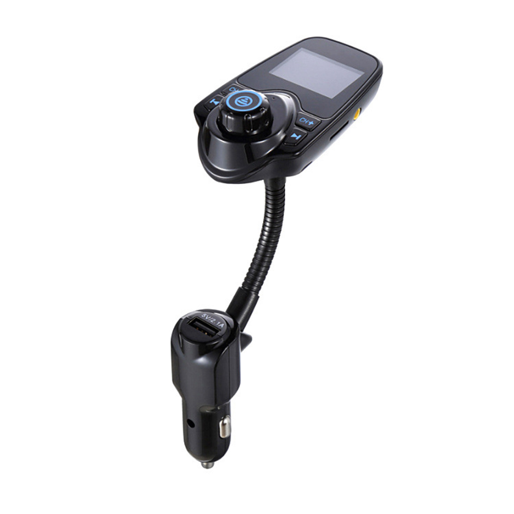 Schwarzer Auto-Bluetooth-FM-Transmitter mit flexiblem Hals. Zeigt Tasten und einen Zigarettenanzünderstecker.