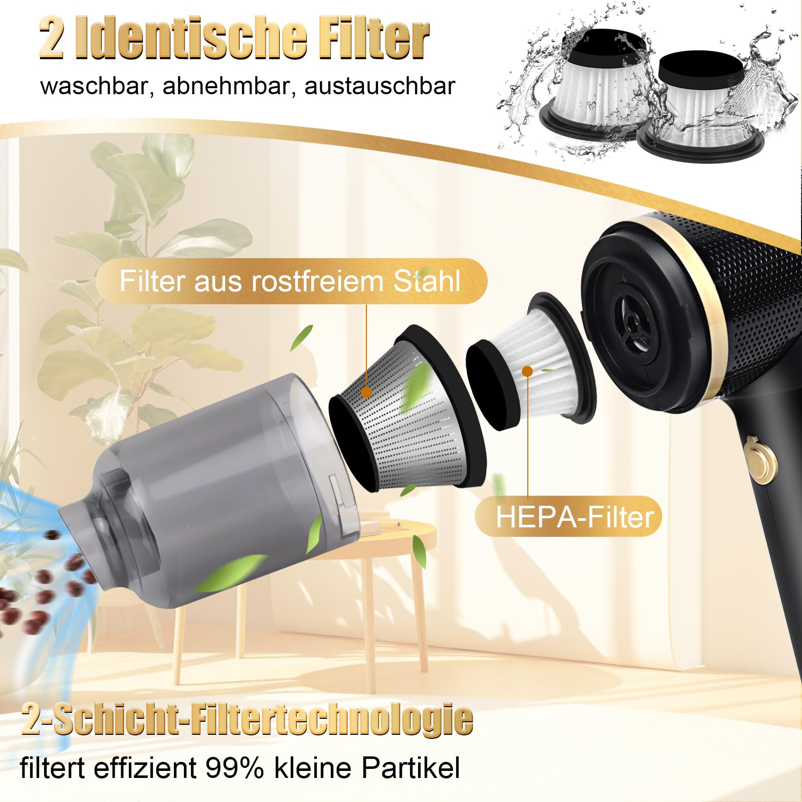Zerlegte Staubsaugerfilterkomponenten. Zeigt Filter, Stahlfilter und HEPA-Filter im Detail.