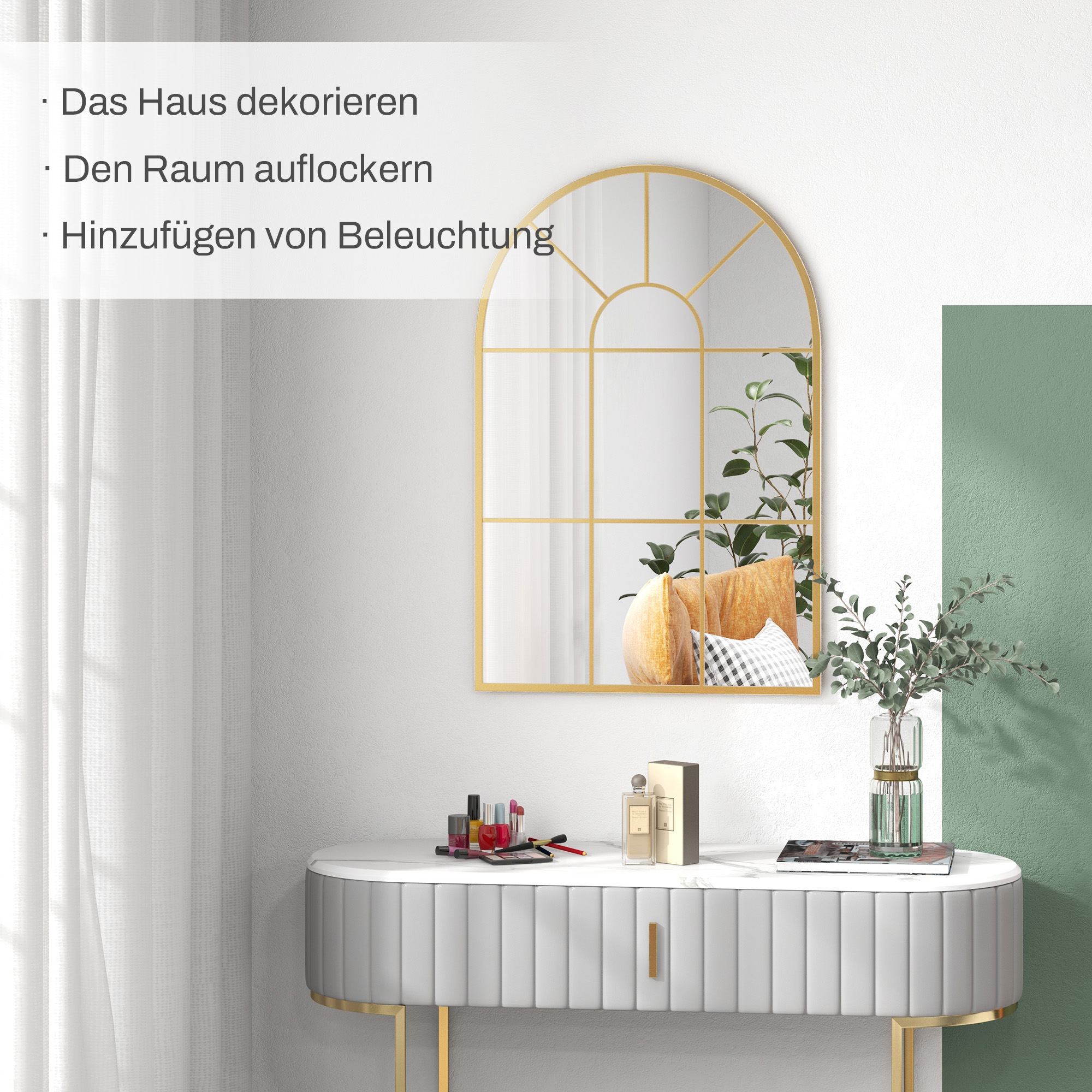 Ein goldgerahmter Spiegel über einem weißen Schminktisch. Lippenstift und Parfüm liegen auf dem Tisch.