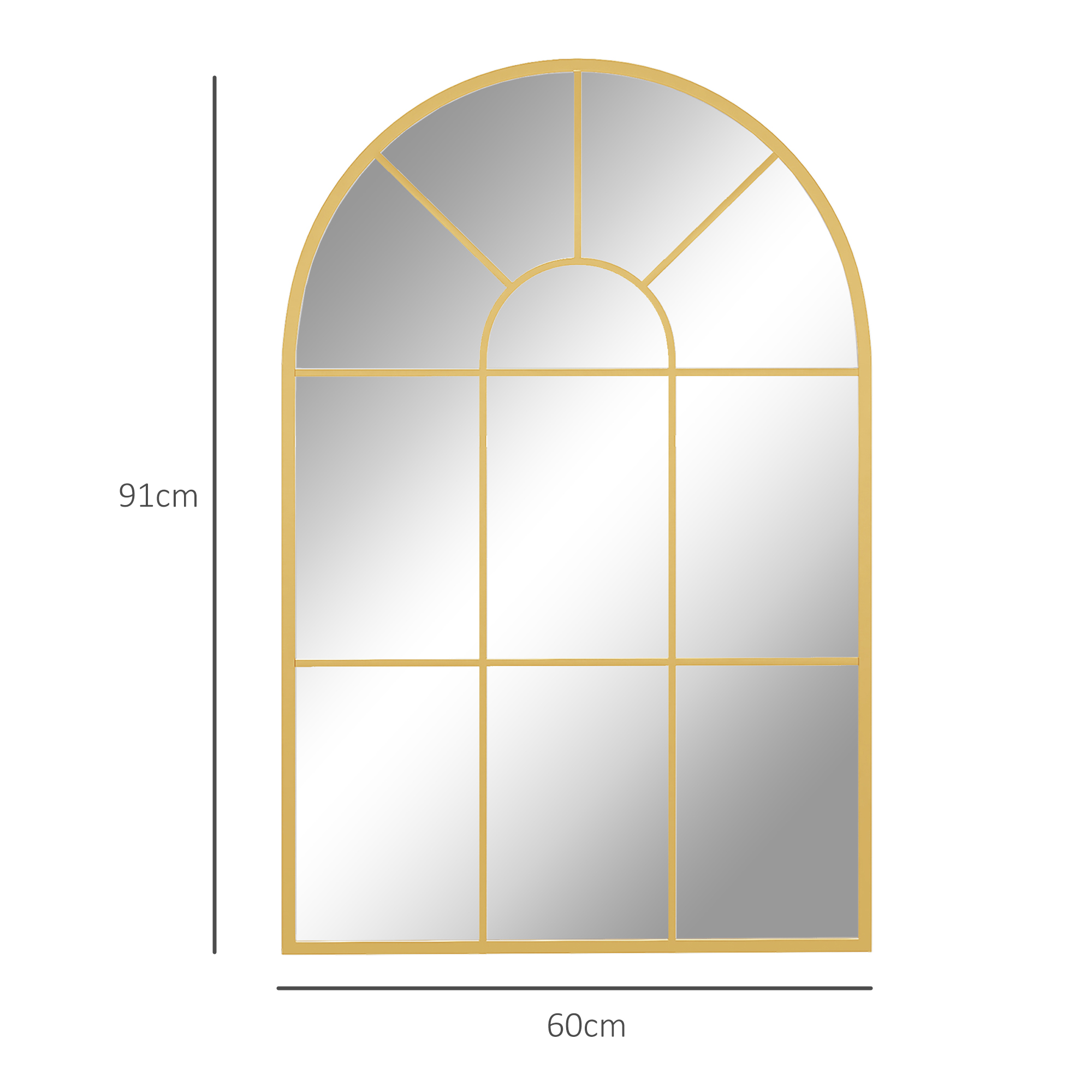Goldener Bogen-Spiegel mit Segmentdesign, Maße 91x60cm, vor weißem Hintergrund.