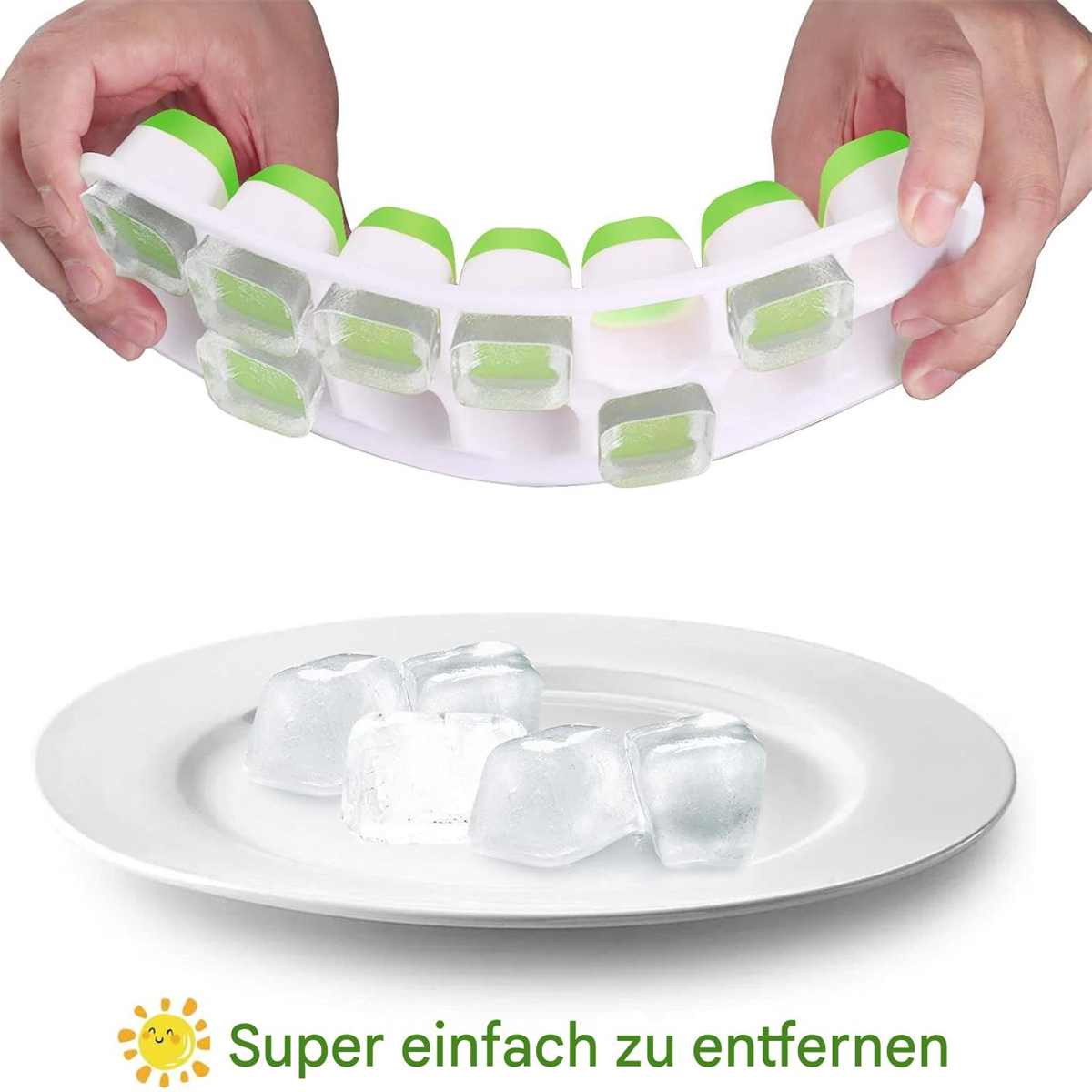 Hände halten Eisbehälter, Eiswürfel entnehmend. Nahaufnahme von grünen und weißen Fächern.