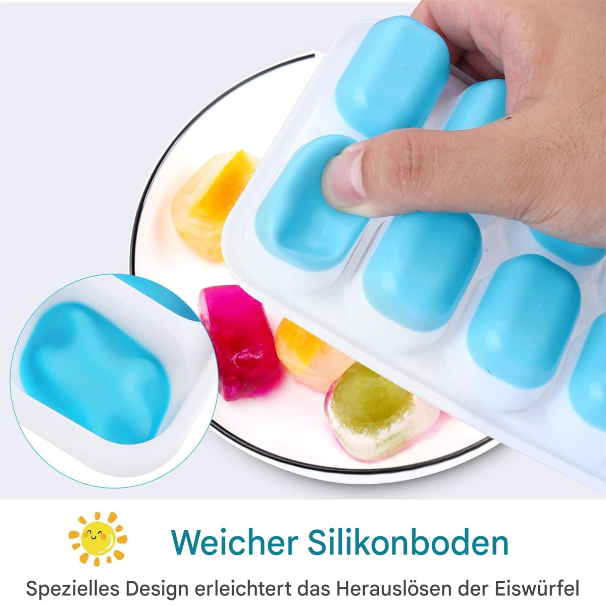 Eiswürfelbehälter mit blauen Fächern. Nahaufnahme zeigt die blaue Silikonbasis.