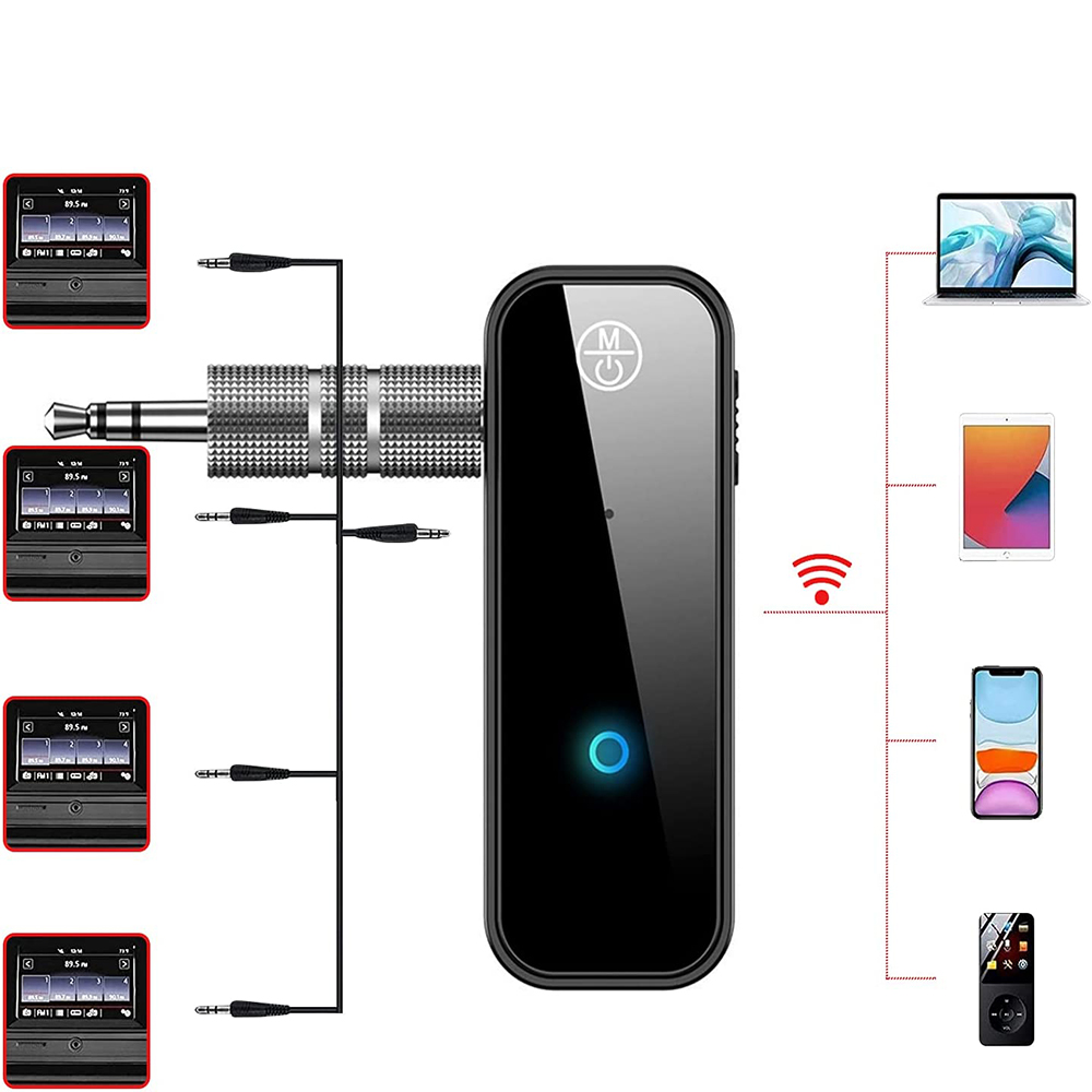 Diagramm eines schwarzen Audioempfängers mit mehreren Klinkenanschlüssen und Geräten.