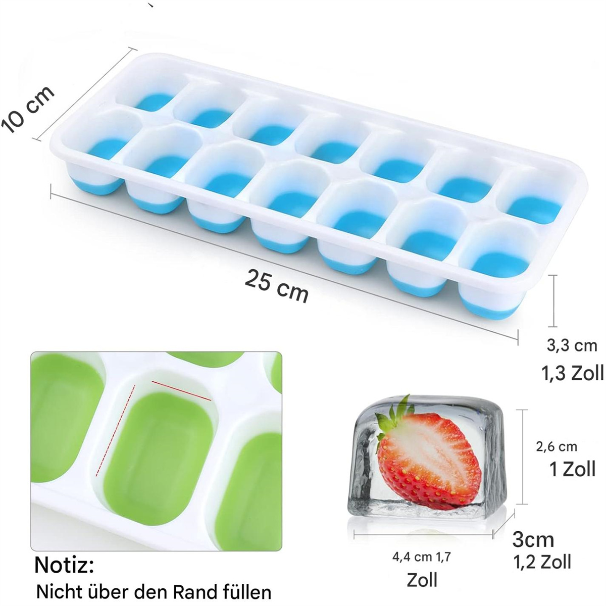 Eiswürfelbehälter mit blau gefüllten Fächern und Erdbeer-Eiswürfel, Maße angegeben.
