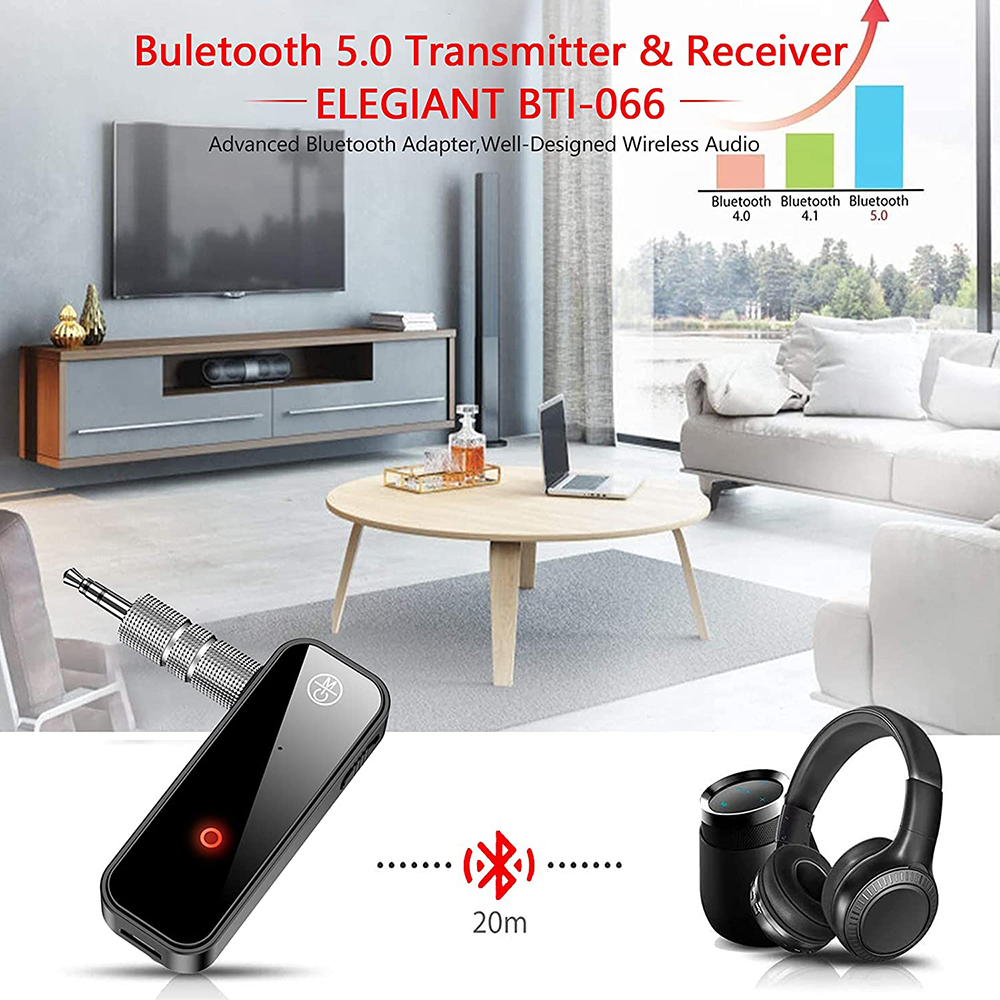 Bluetooth-Sender, Kopfhörer, Lautsprecher und Fernseher, mit Diagramm.
