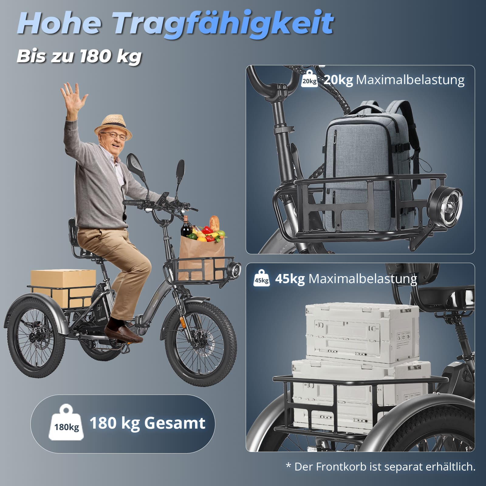 Mann fährt Dreirad mit Fracht. Es zeigt maximale Belastbarkeit und Gesamtgewicht.