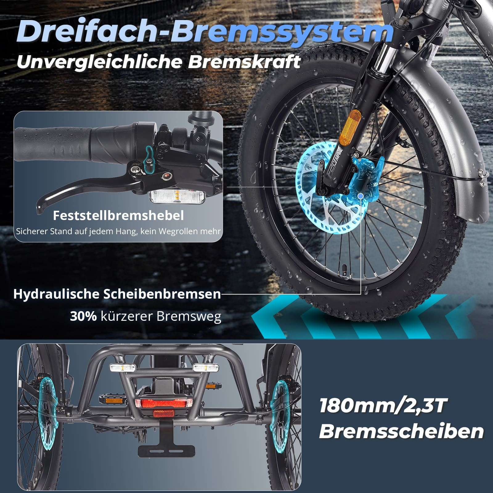 Nahaufnahme der Bremsen des Dreirads, die hydraulischen Scheibenbremsen zeigen. Bremssystem.