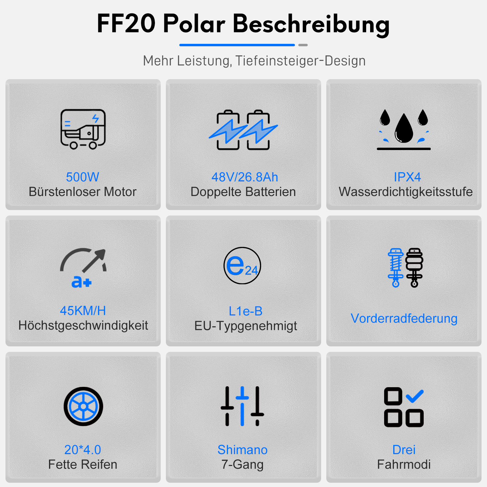 Bild mit Symbolen und Text über die Funktionen eines Elektrofahrrads.