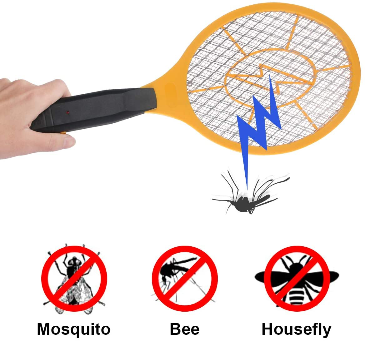 Gelber Fliegenfänger mit blauem Blitz. Mücken-, Bienen- und Stubenfliegen-Icons mit roten Verbotsschildern.