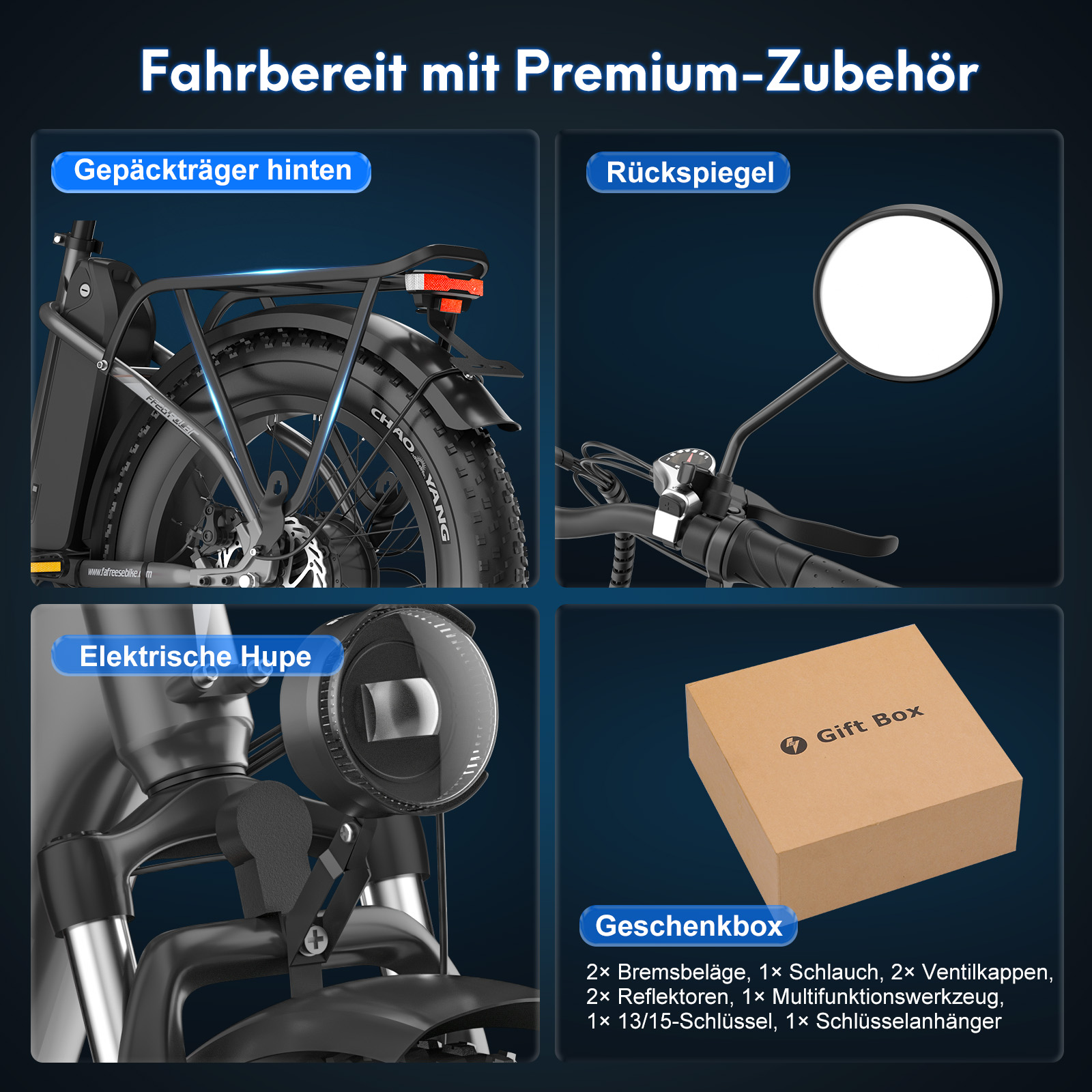Das Bild zeigt Teile eines schwarzen Fahrrads mit Zubehör, darunter Gepäckträger, Spiegel, Hupe und Geschenkbox.