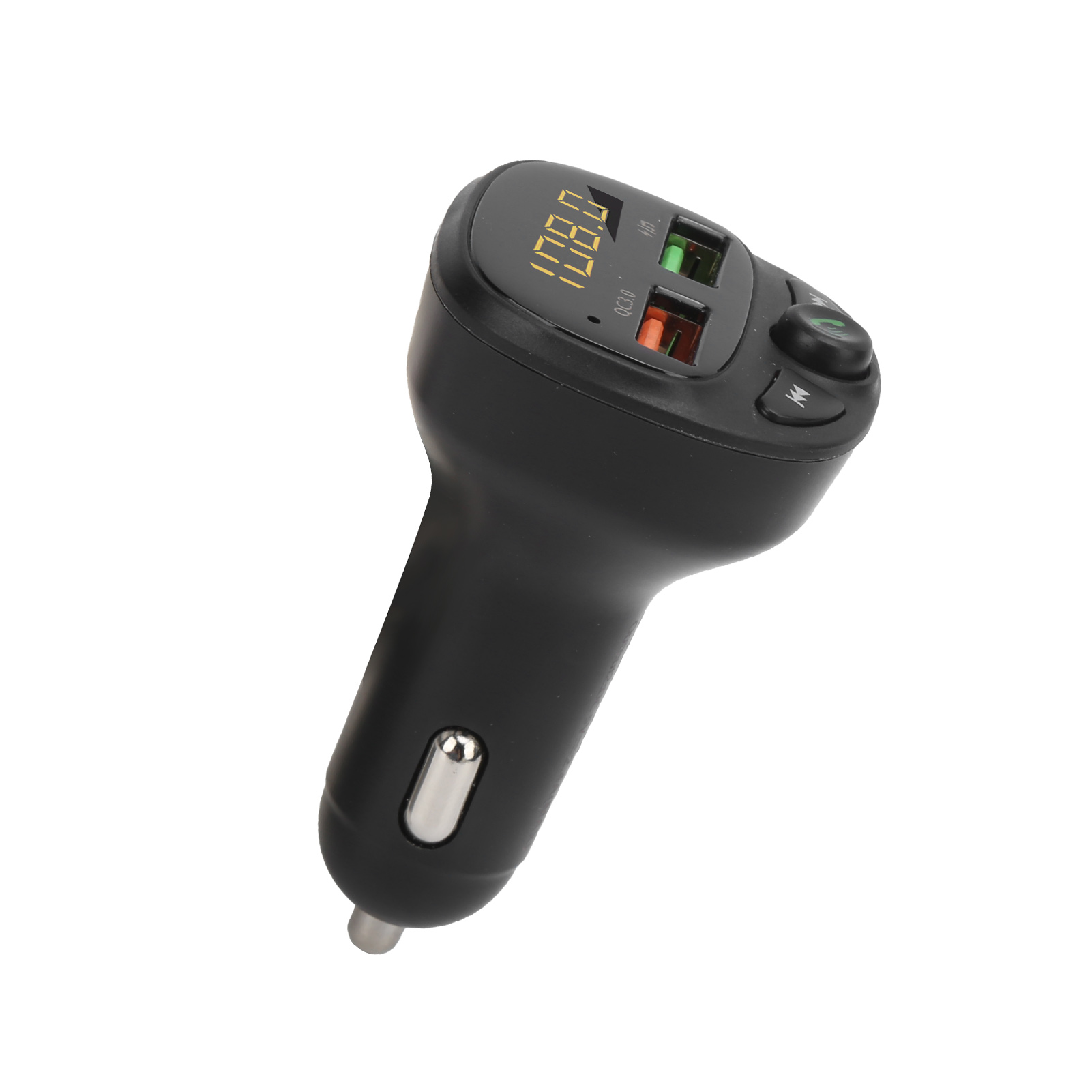 Ein schwarzes Autoladegerät mit Digitalanzeige 108.0 und zwei USB-Anschlüssen.