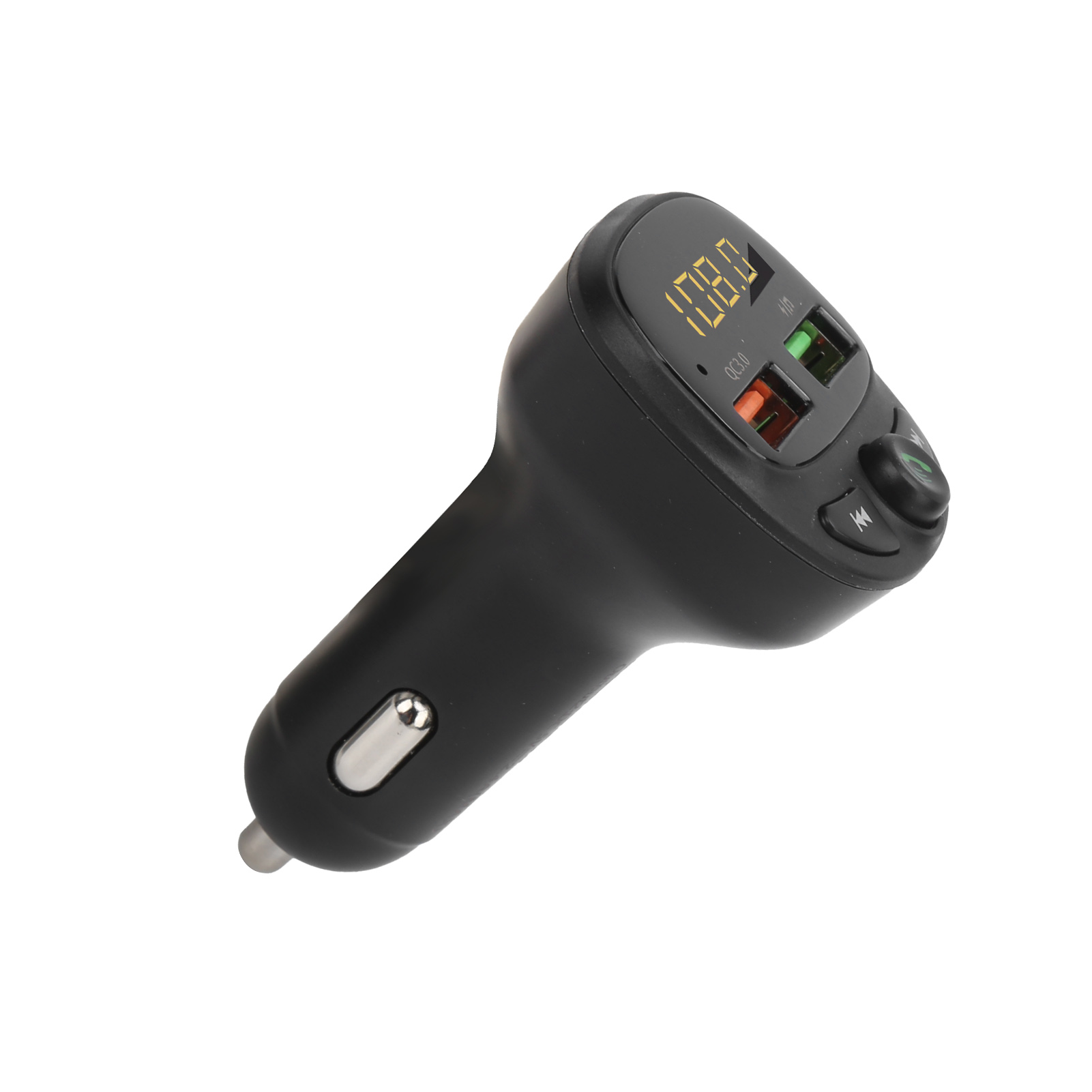 Schwarzes Autoladegerät mit Display, das 108,0 anzeigt. Zwei USB-Anschlüsse.
