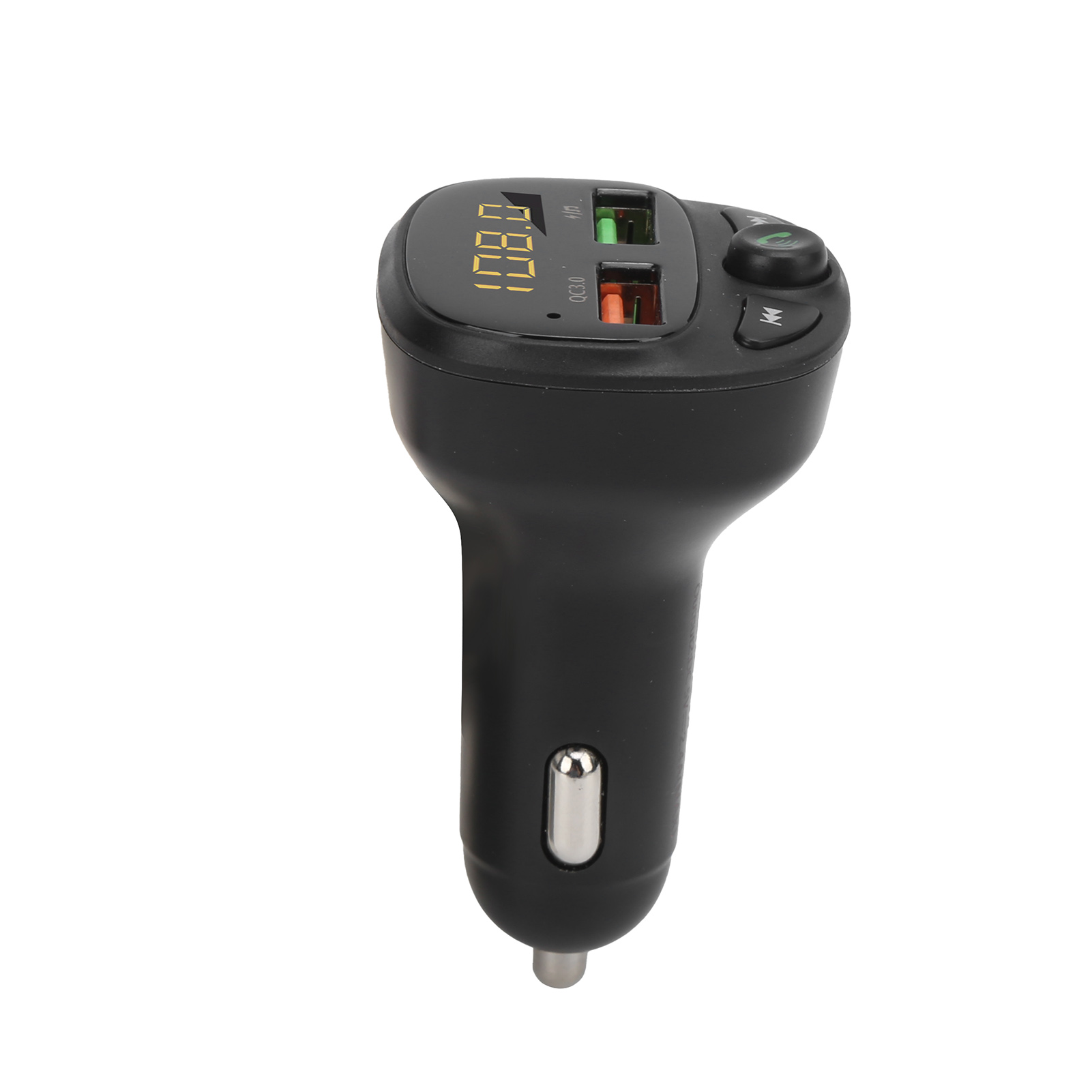 Ein schwarzes Autozubehör. Das Gerät hat einen USB-Anschluss und einen Bildschirm.