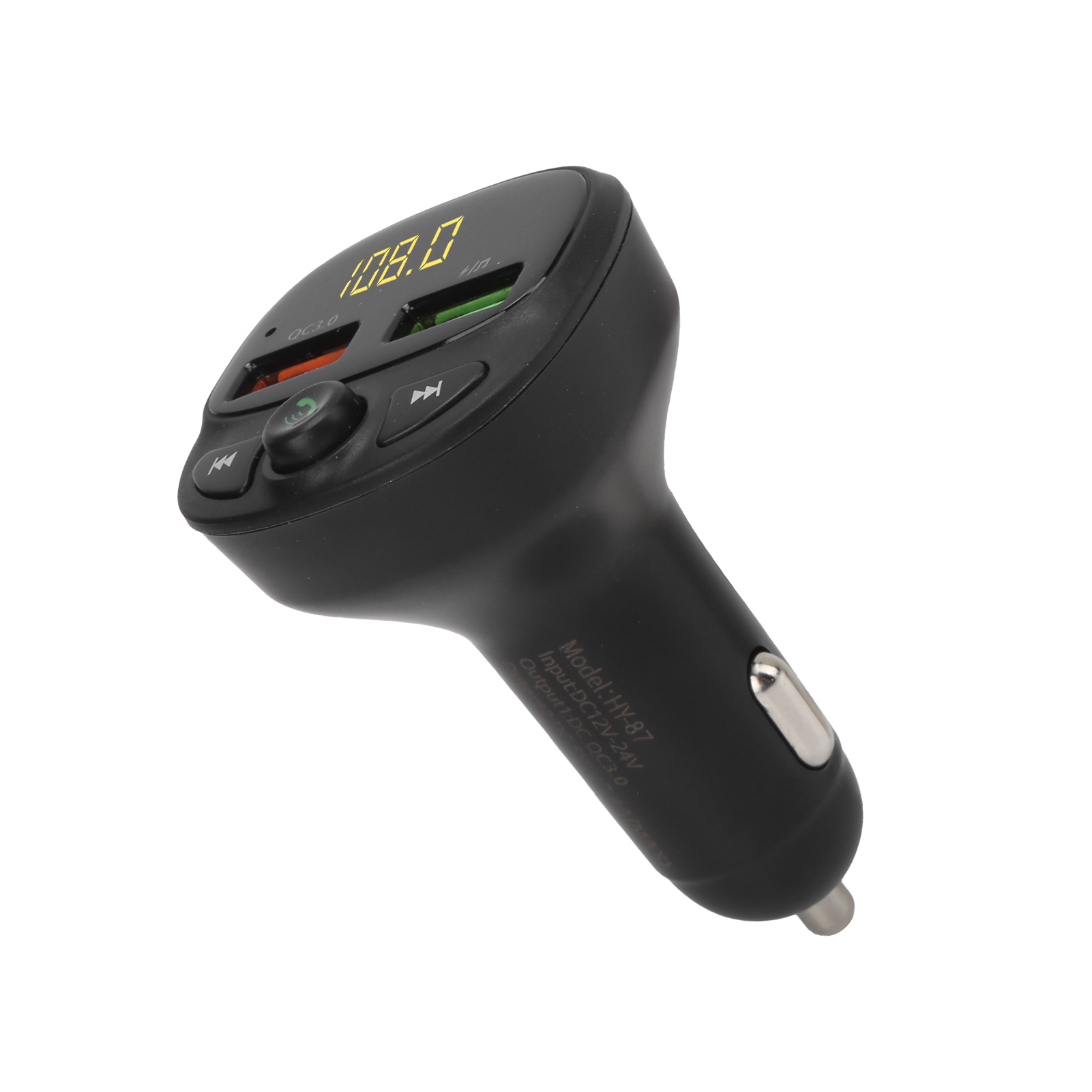 Ein schwarzes Autoladegerät mit Digitalanzeige 108.0 und zwei USB-Anschlüssen.