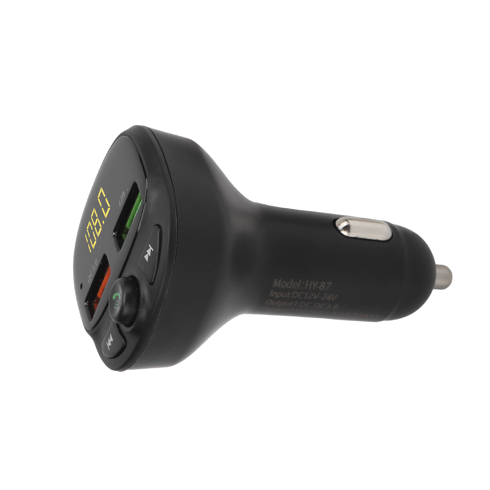 Ein schwarzes Autoladegerät mit Digitalanzeige 108.0 und zwei USB-Anschlüssen.