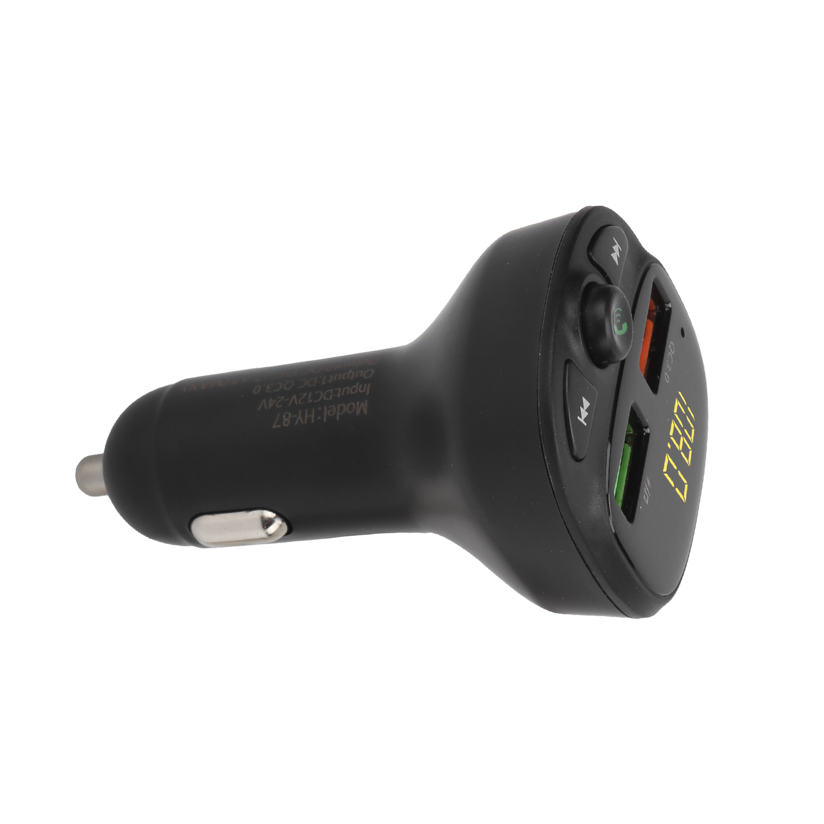 Schwarzes Autozubehör mit USB-Anschlüssen und einem Bildschirm. Es zeigt die Frequenz 108.0 an.