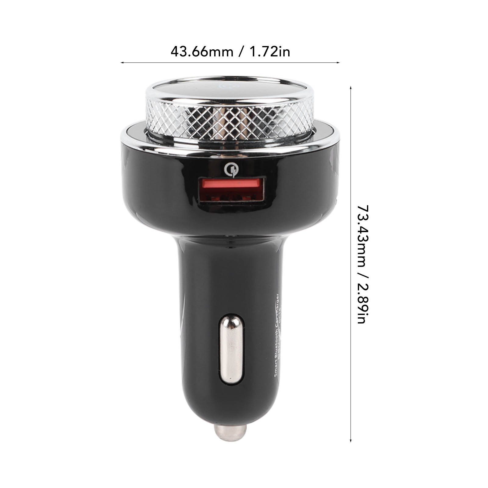 Schwarzes Autozubehör mit silbernem Oberteil und rotem USB-Anschluss. Maße: 43,66 mm/1,72 Zoll x 73,43 mm/2,89 Zoll.