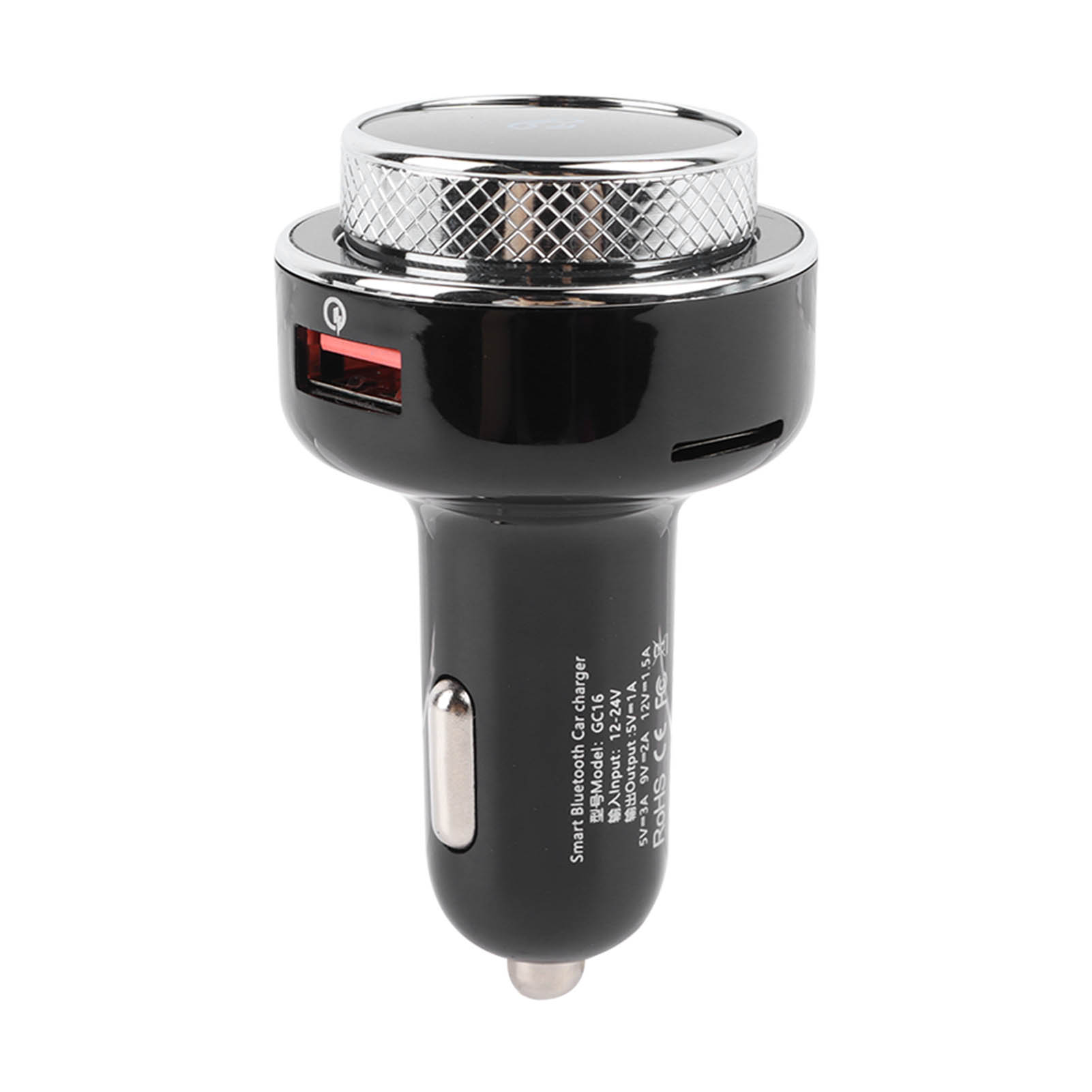 Intelligentes Bluetooth-Autoladegerät. Schwarzes, zylindrisches Design mit USB-Anschluss.