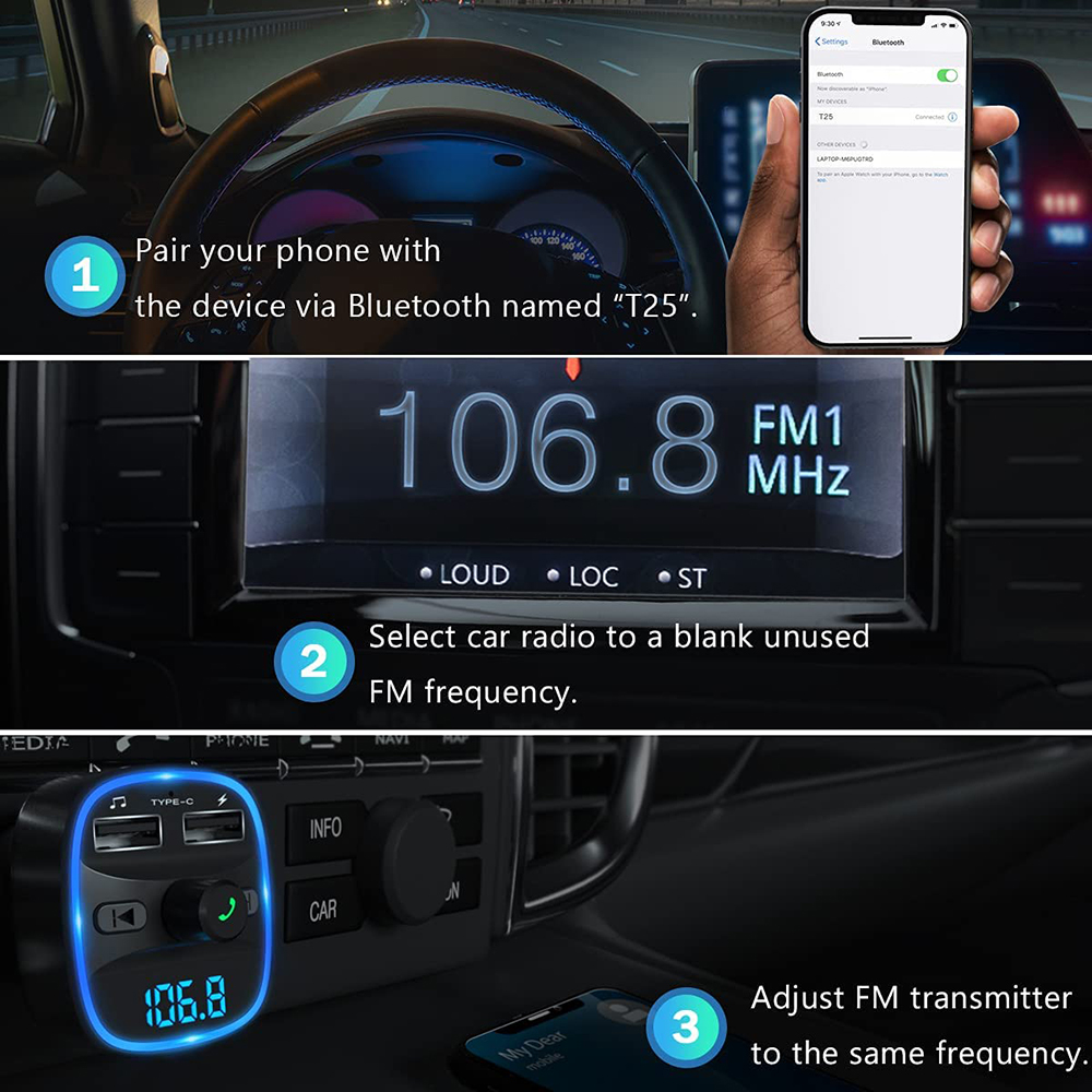 Anweisungen zur Verwendung eines Autogeräts mit Bluetooth, UKW-Frequenz und Telefon im Auto.