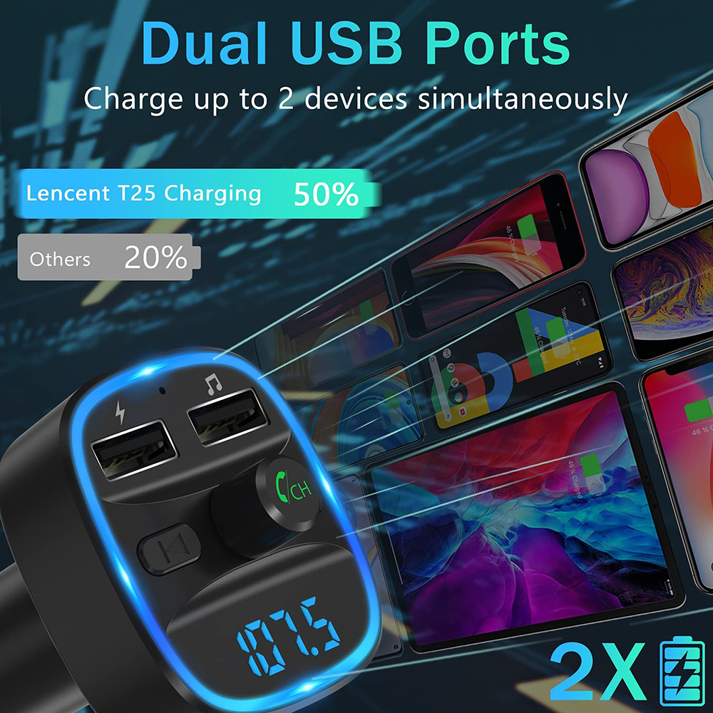 Ein Autogerät mit USB-Anschlüssen, das mehrere Telefone gleichzeitig lädt, zeigt Akkustand.