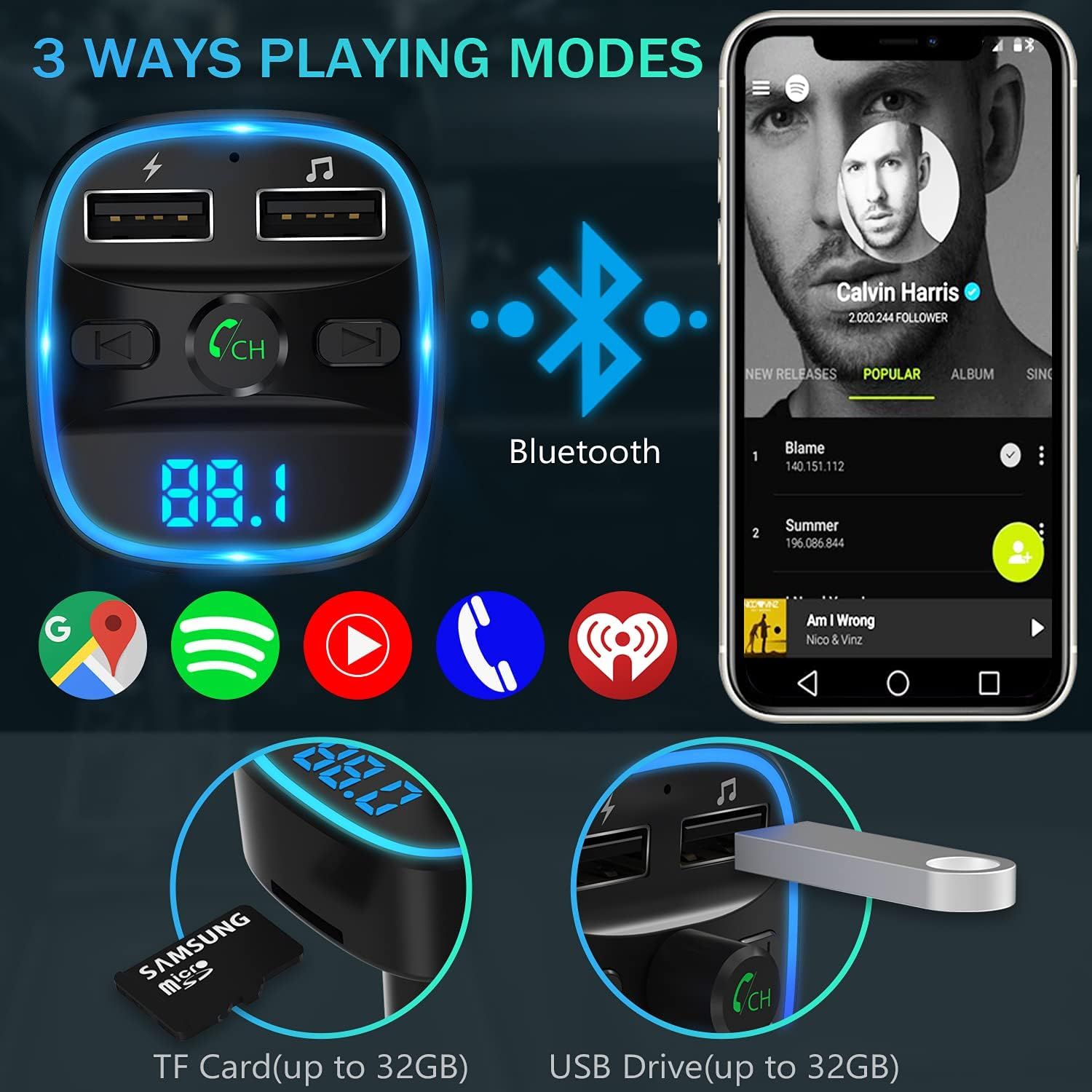 Auto-Bluetooth-Adapter mit USB-Anschlüssen, TF-Kartensteckplatz und Telefonbildschirm mit Musik.
