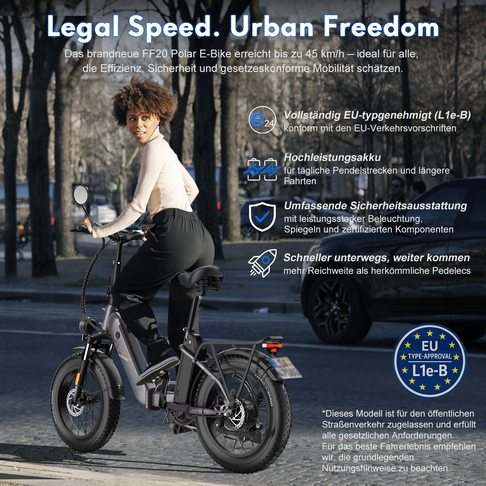 Eine Frau fährt mit einem grauen E-Bike auf einer Stadtstraße, mit Text über seine Eigenschaften.
