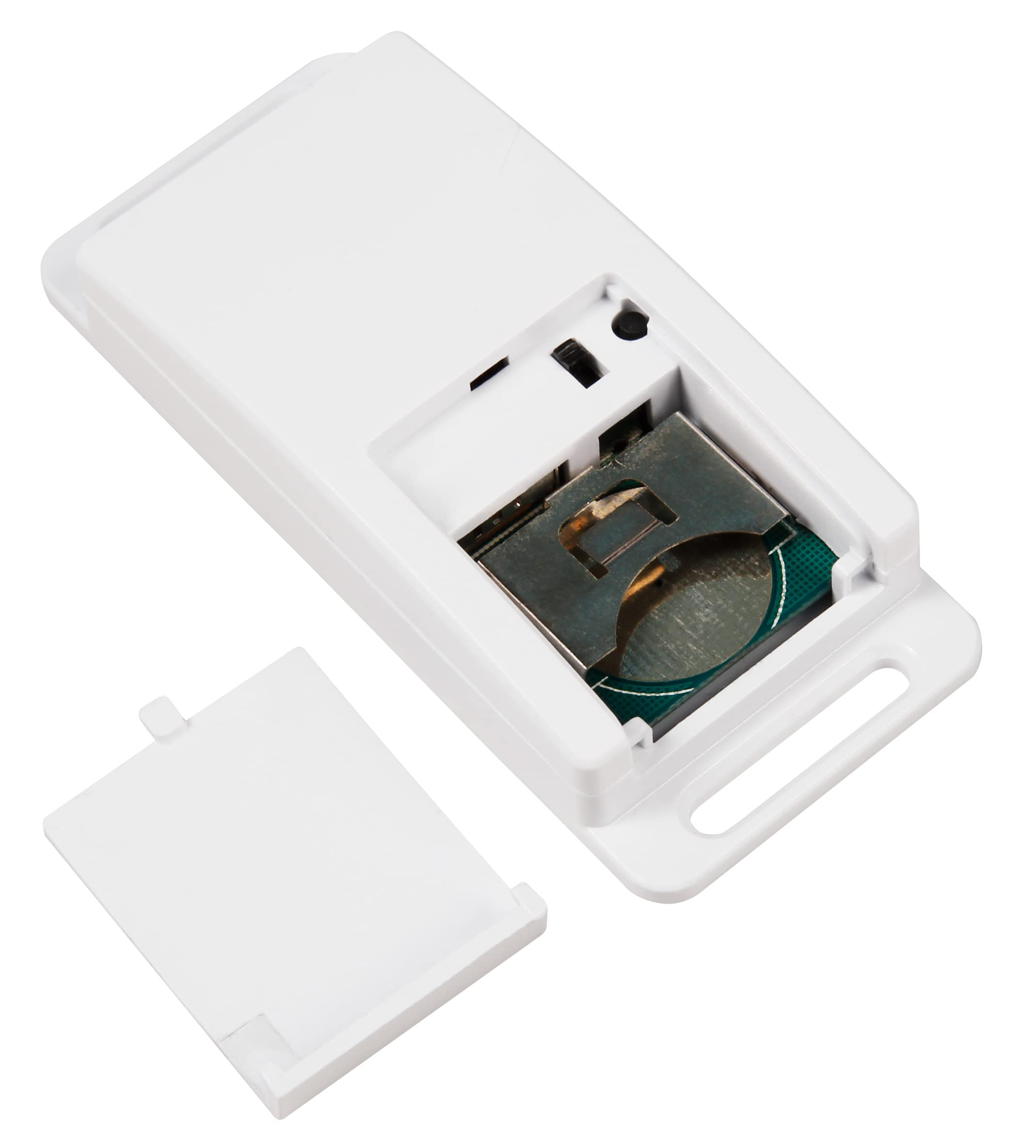 Weißes Gerät mit offenem Fach, das eine Batterie und eine Leiterplatte freilegt.