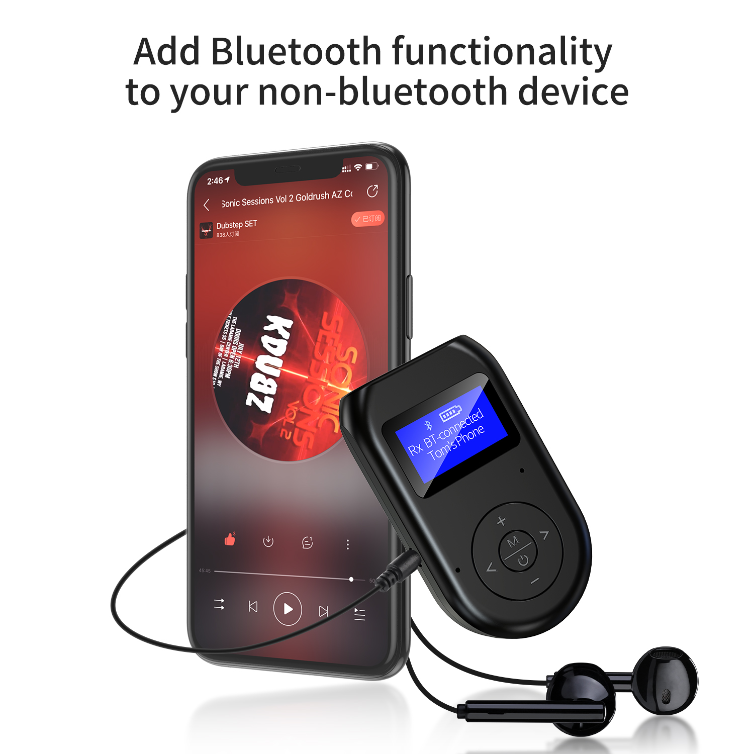 Smartphone, der Musik abspielt, verbunden mit einem schwarzen Bluetooth-Gerät mit Kopfhörern.