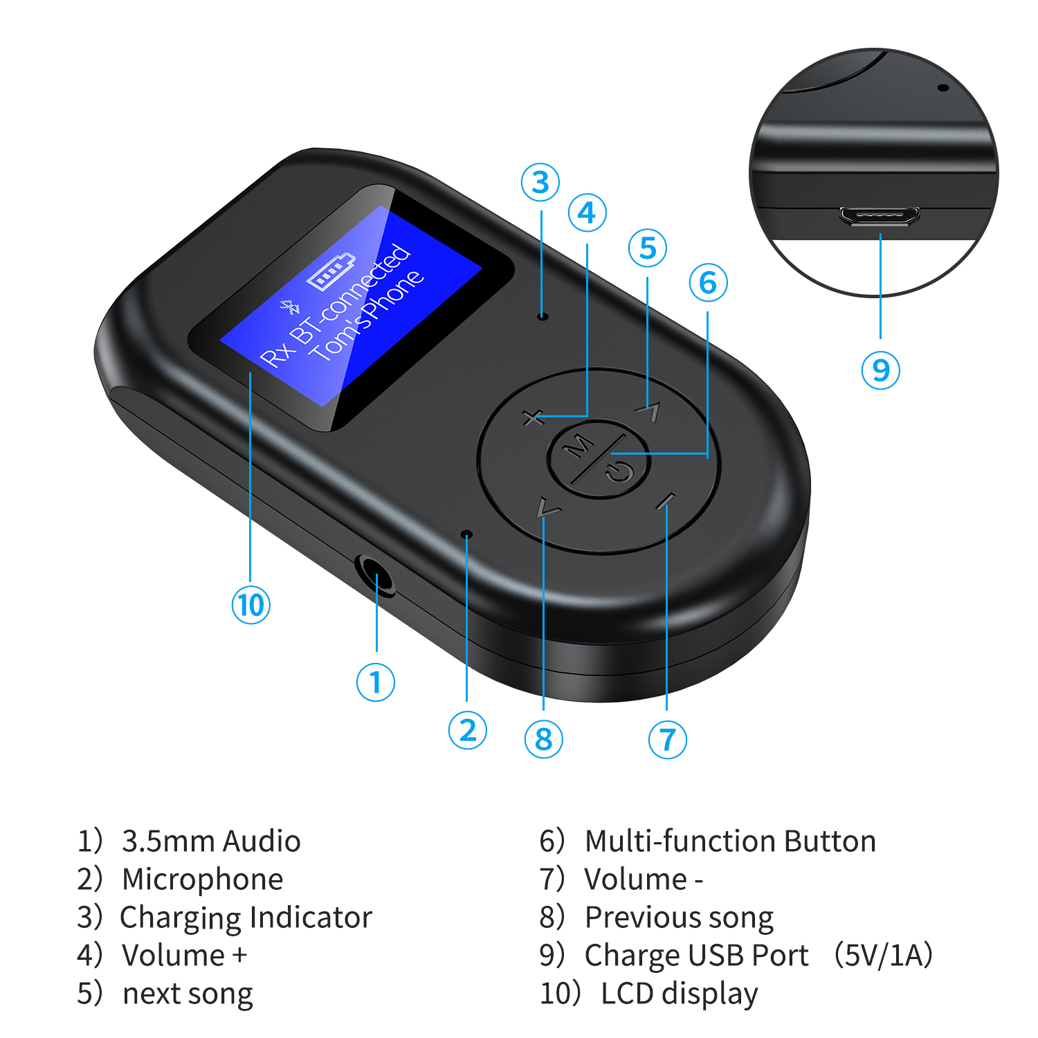 Schwarzer Bluetooth-Empfänger mit Bildschirm, Tasten und Anschlüssen.