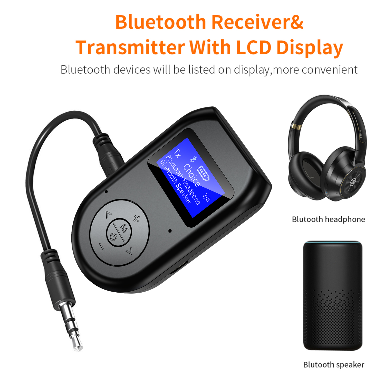 Bluetooth-Empfänger mit LCD-Display, Kopfhörer und Lautsprecher. Zeigt Bluetooth-Optionen auf dem Display.