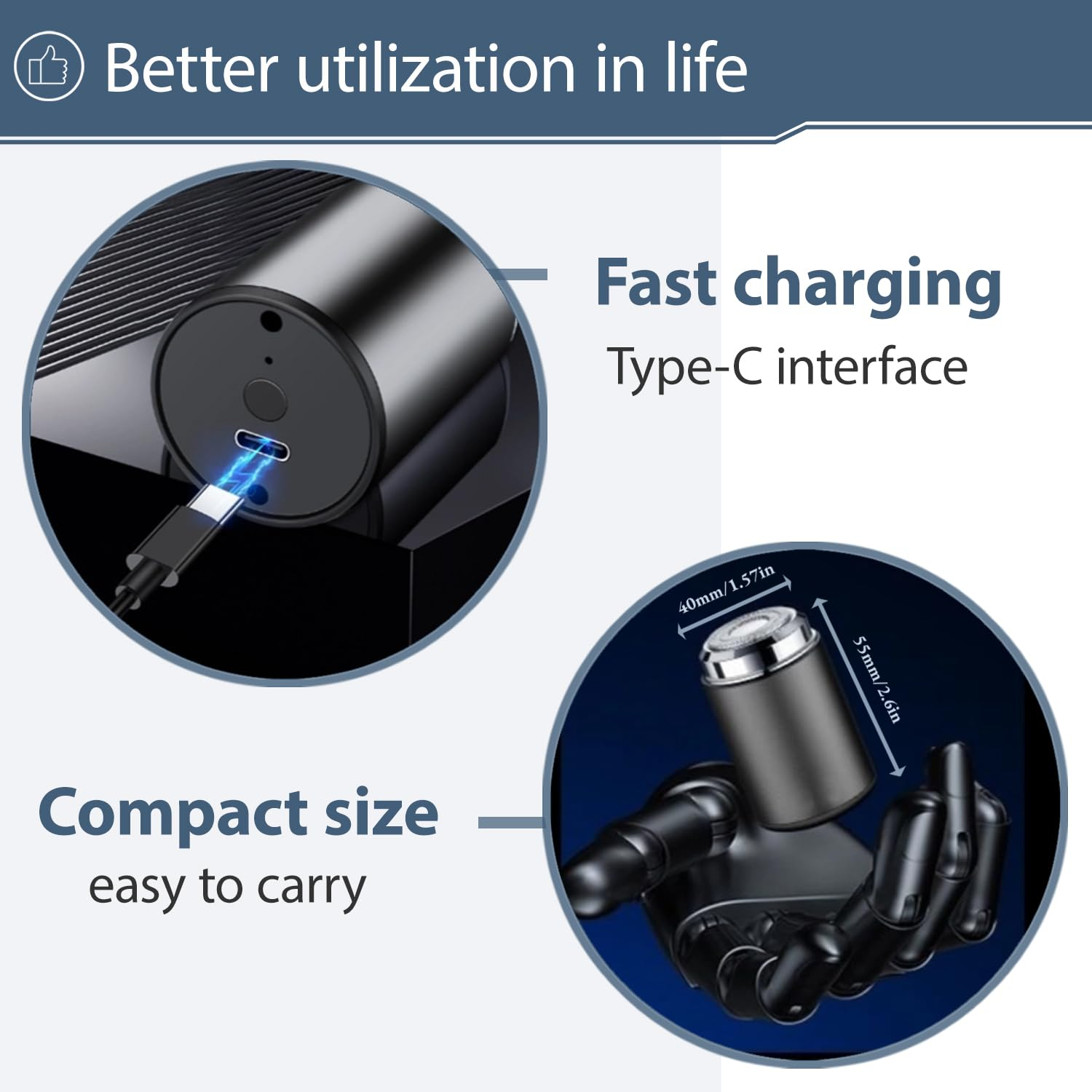 Schwarzes Gerät mit USB-C-Aufladung und eine Hand, die es hält, mit angegebenen Abmessungen.