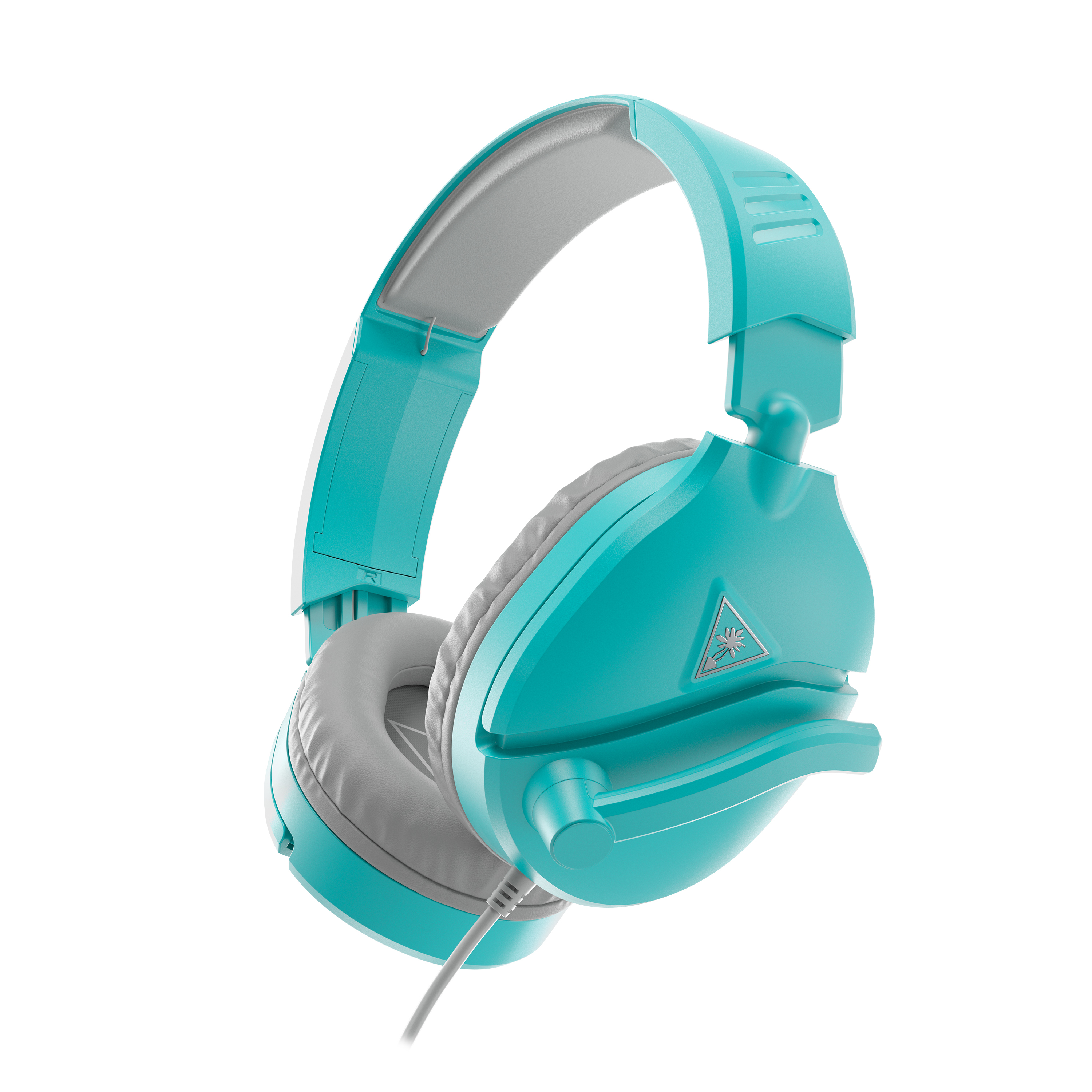 Auriculares turquesa con acolchado gris y cable. Fondo blanco.