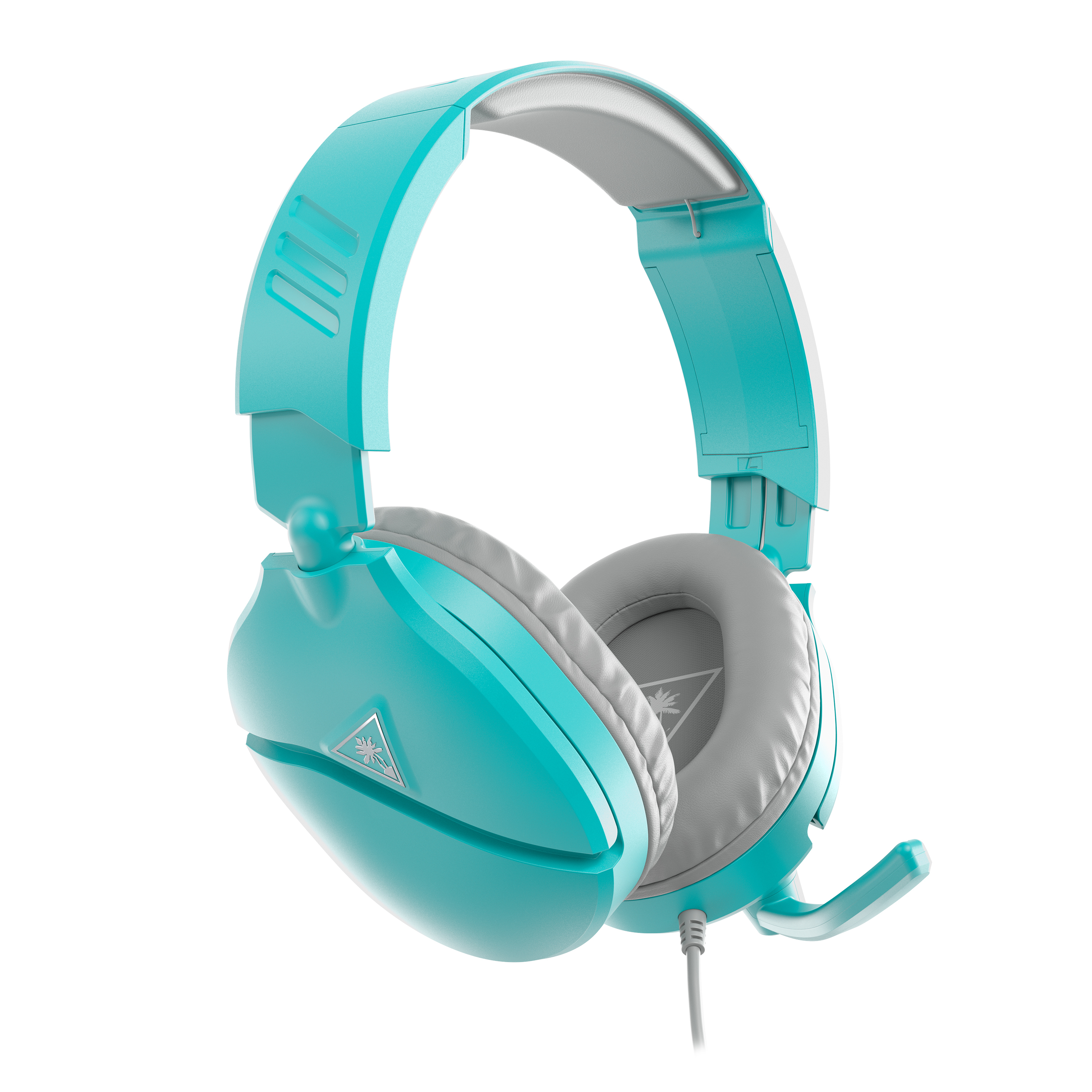 Auriculares gaming turquesa y grises sobre blanco. Vista en ángulo muestra micrófono y orejeras.
