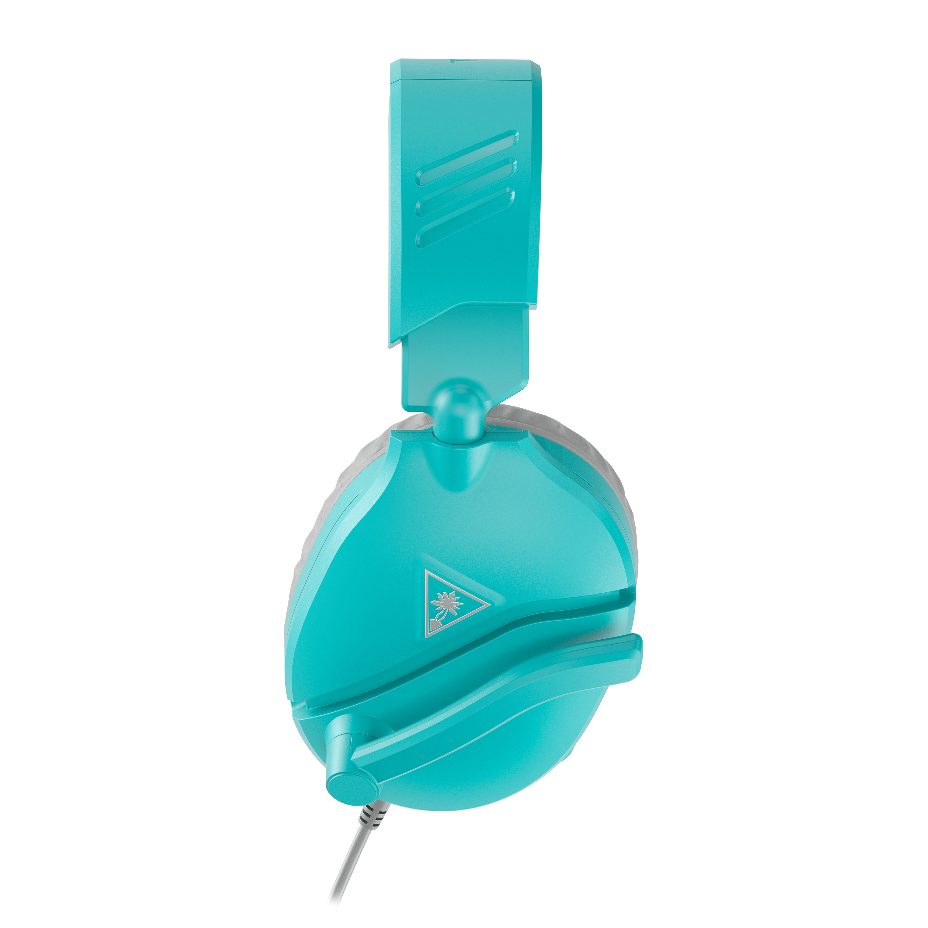 Auriculares gaming turquesa y grises, primer plano, sobre blanco. Mostrando el micrófono.