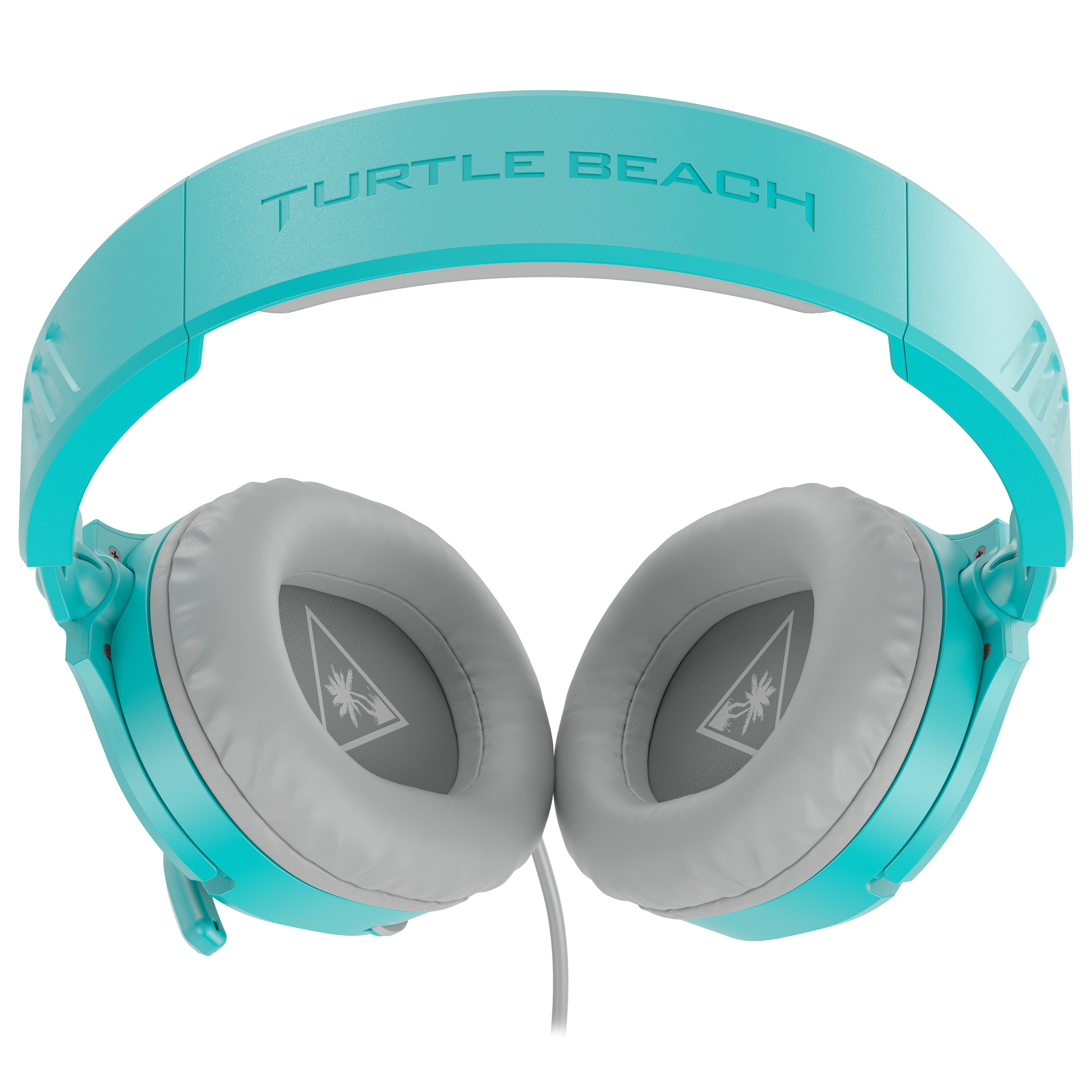 Auriculares Turtle Beach turquesa y gris sobre fondo blanco. La marca es visible.