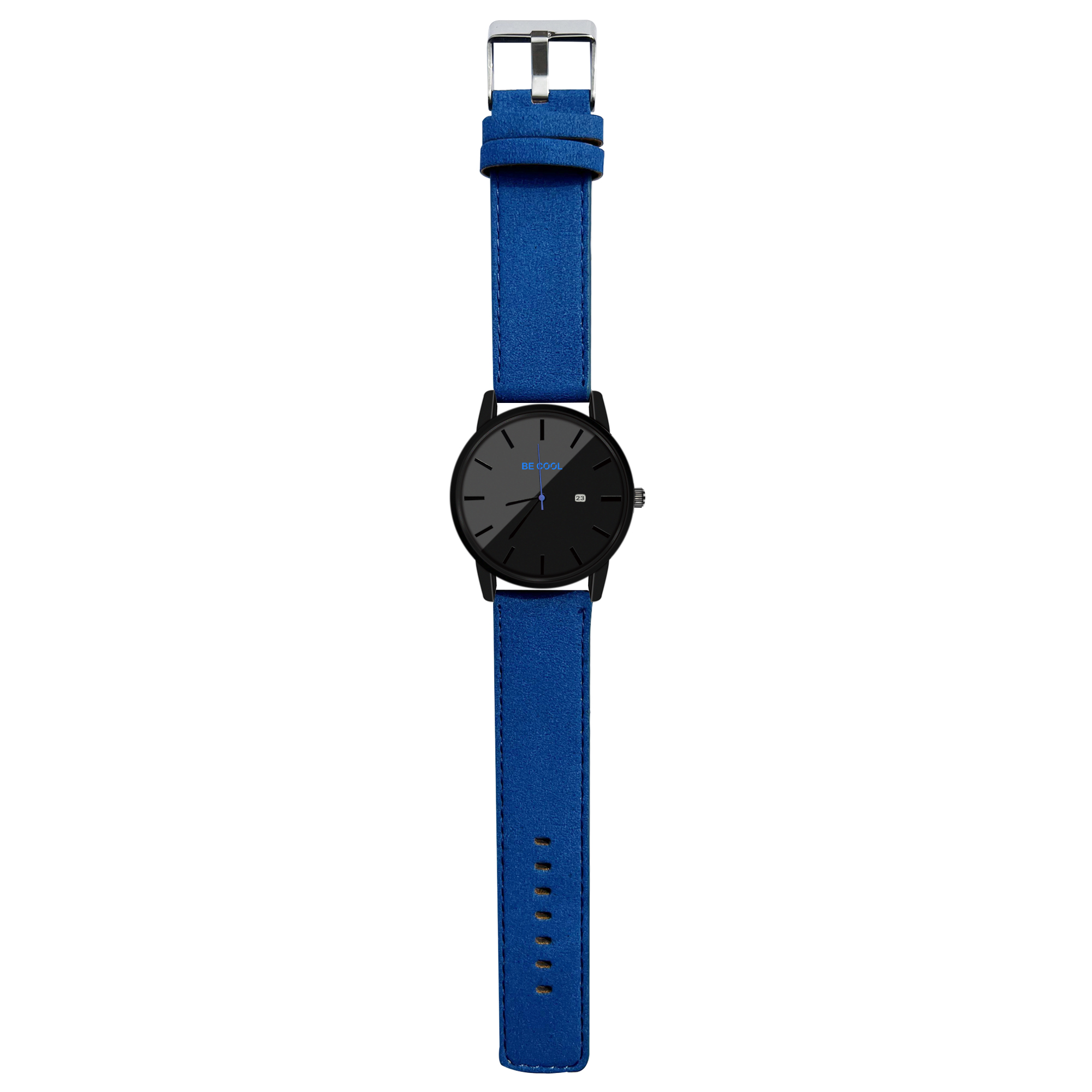 Schwarze Uhr mit blauem Armband. Auf dem Zifferblatt steht 'BE COOL'.