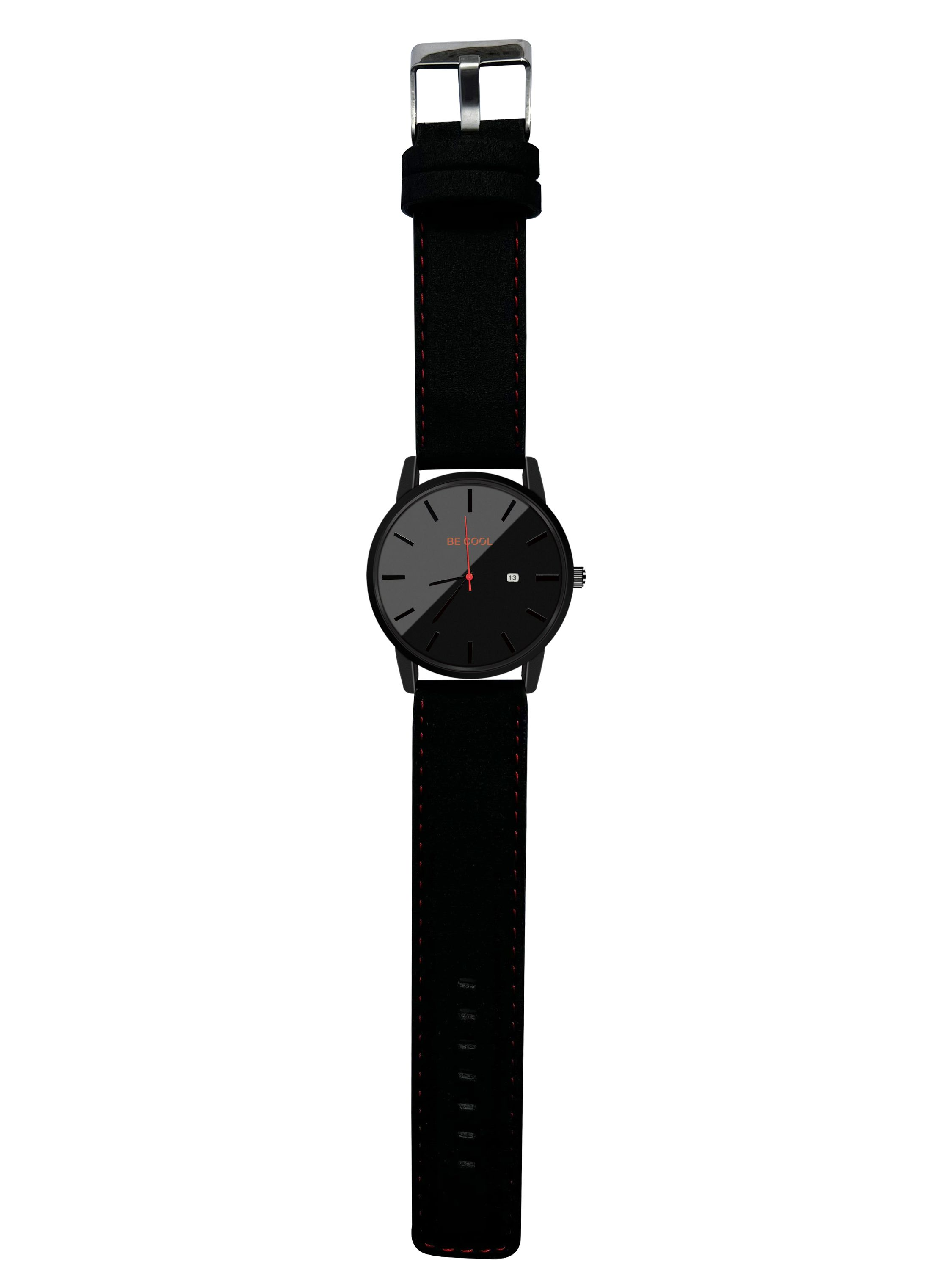 Schwarze Uhr mit schwarzem Armband und roten Nähten. Die Worte 'BE COOL' sind sichtbar.