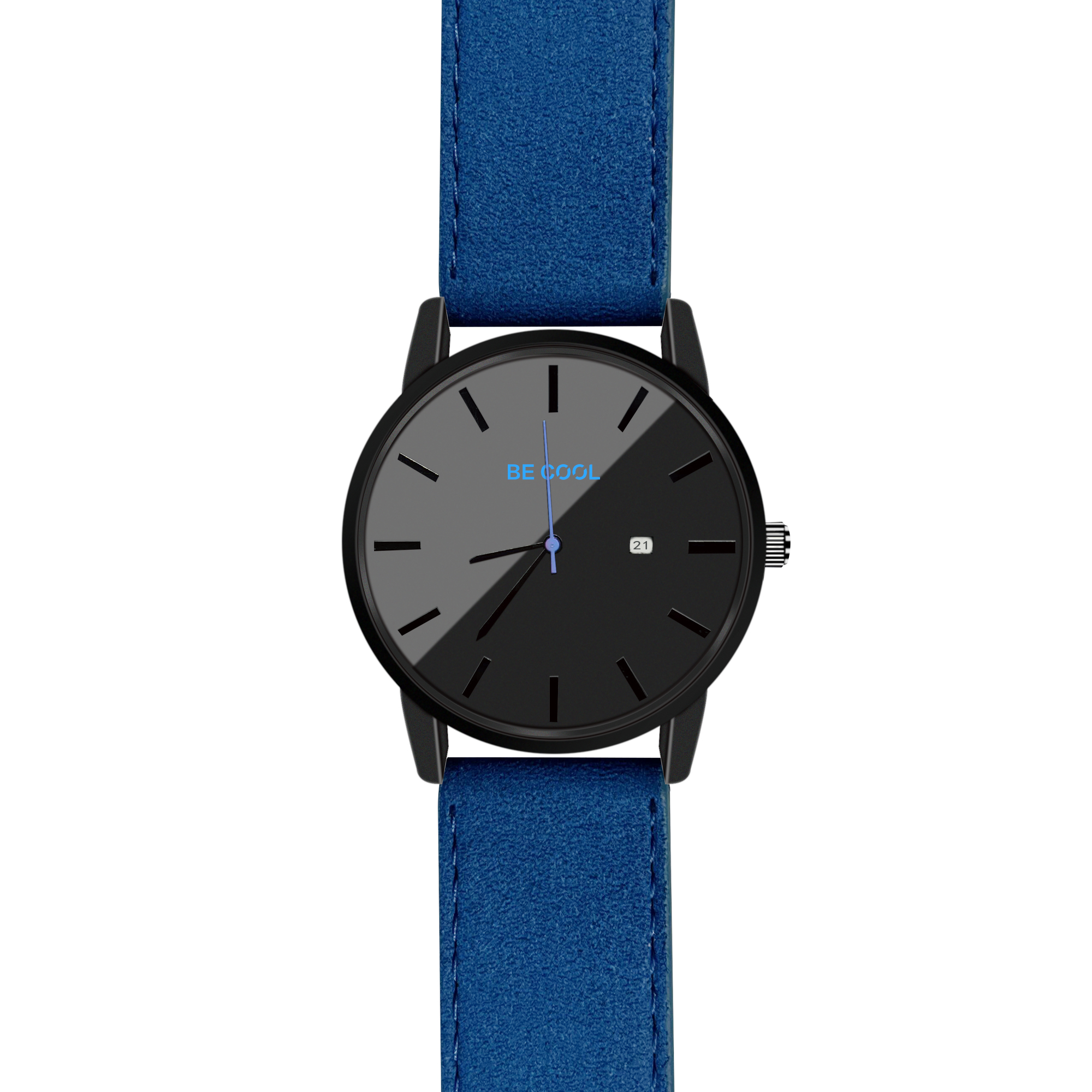Schwarze Uhr mit blauem Armband. Die Worte 'BE COOL' sind sichtbar.