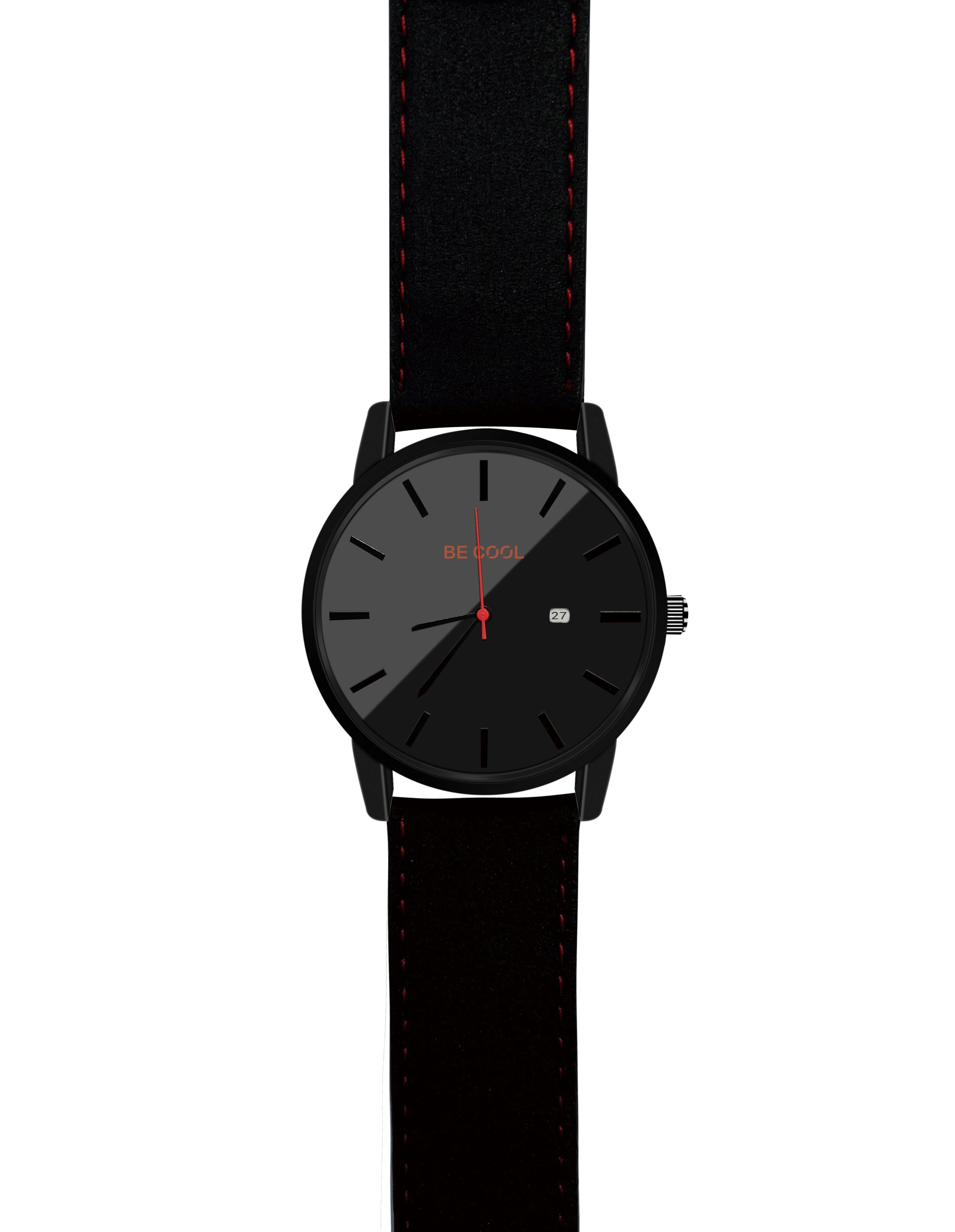 Schwarze Uhr mit schwarzem Armband und rotem Sekundenzeiger. Die Worte 'BE COOL' sind sichtbar.