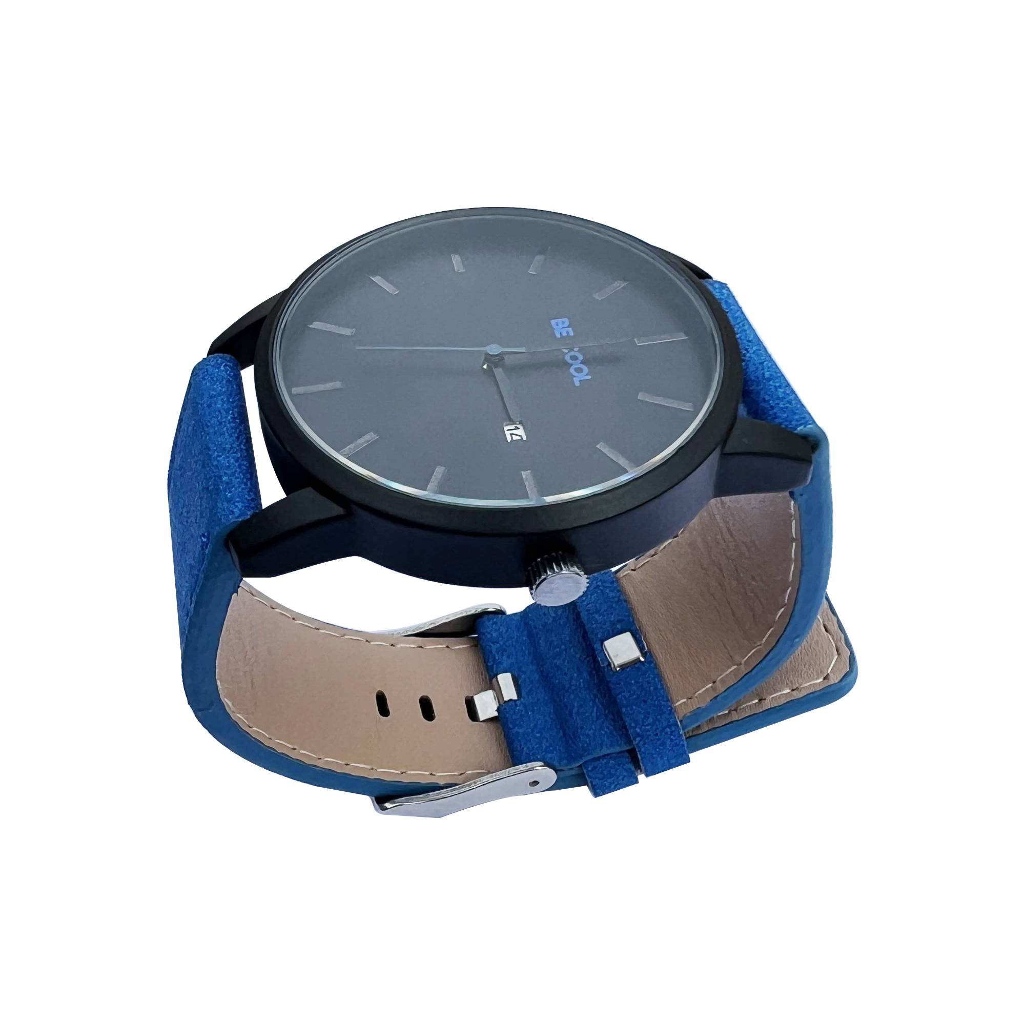 Schwarze Uhr mit blauem Armband. Die Worte 'BE COOL' sind sichtbar.