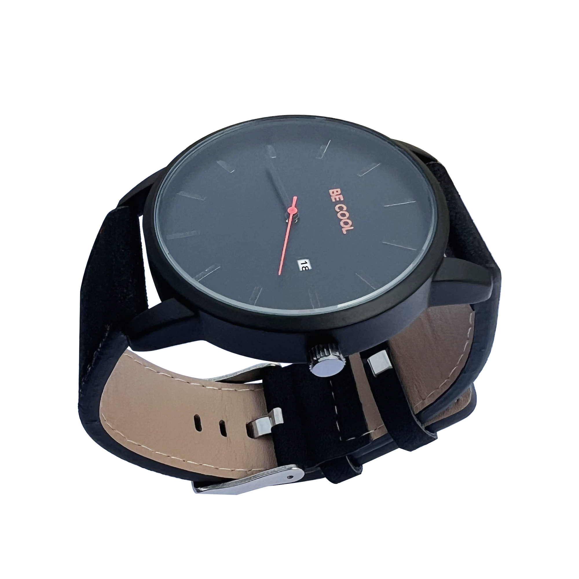 Schwarze Uhr mit schwarzem Armband, rotem Sekundenzeiger und den Worten 'BE COOL'.